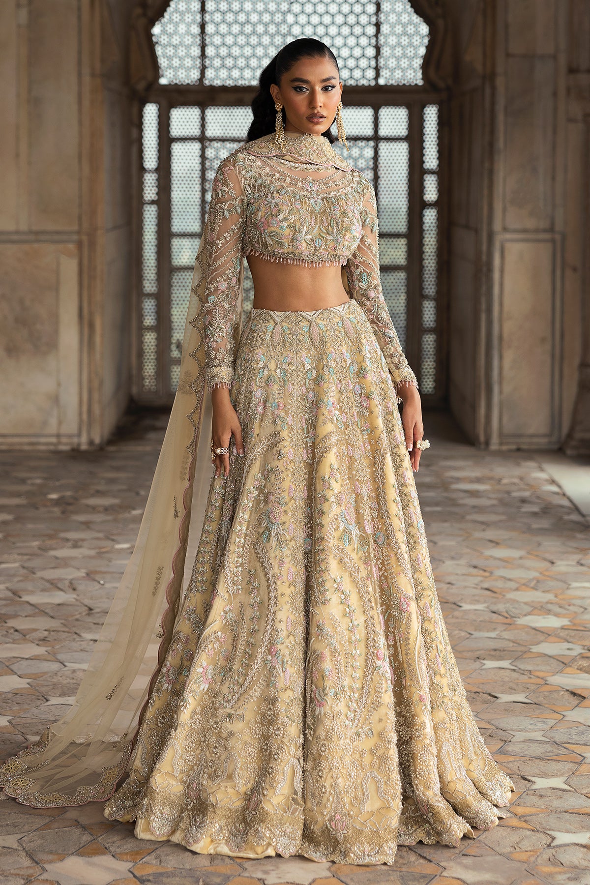 Light Yellow Embroidered Net Lehenga (3-Piece) - Image 12