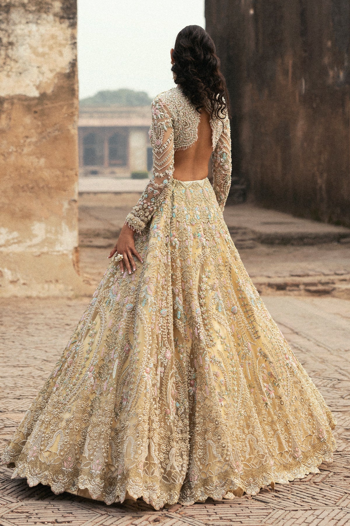 Light Yellow Embroidered Net Lehenga (3-Piece) - Image 2