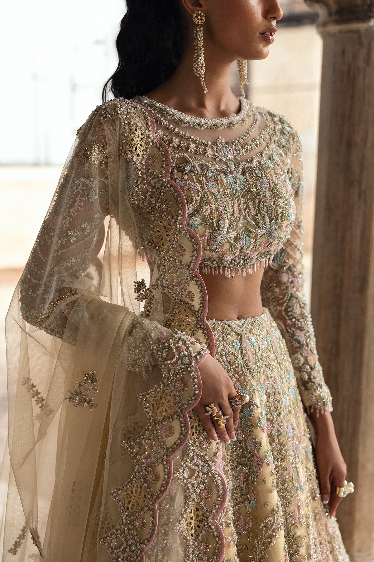 Light Yellow Embroidered Net Lehenga (3-Piece) - Image 3