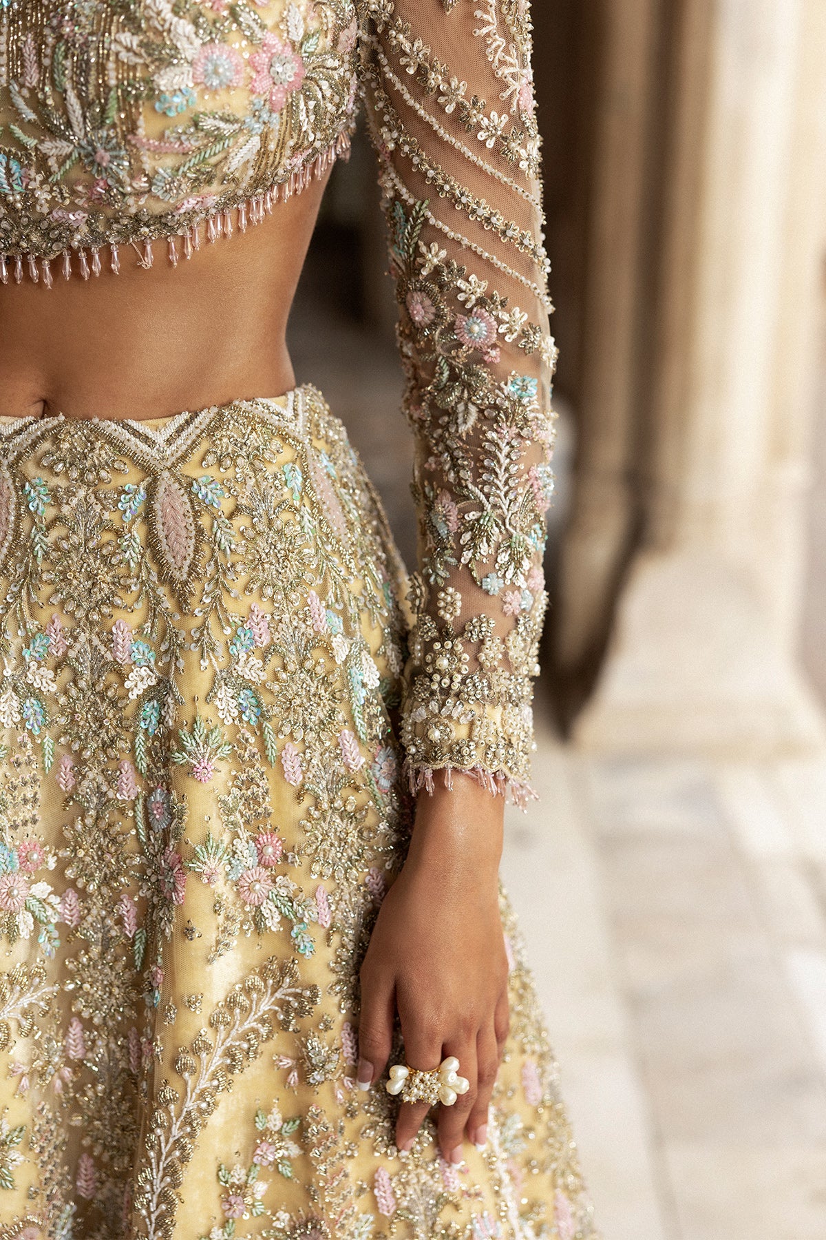 Light Yellow Embroidered Net Lehenga (3-Piece) - Image 4