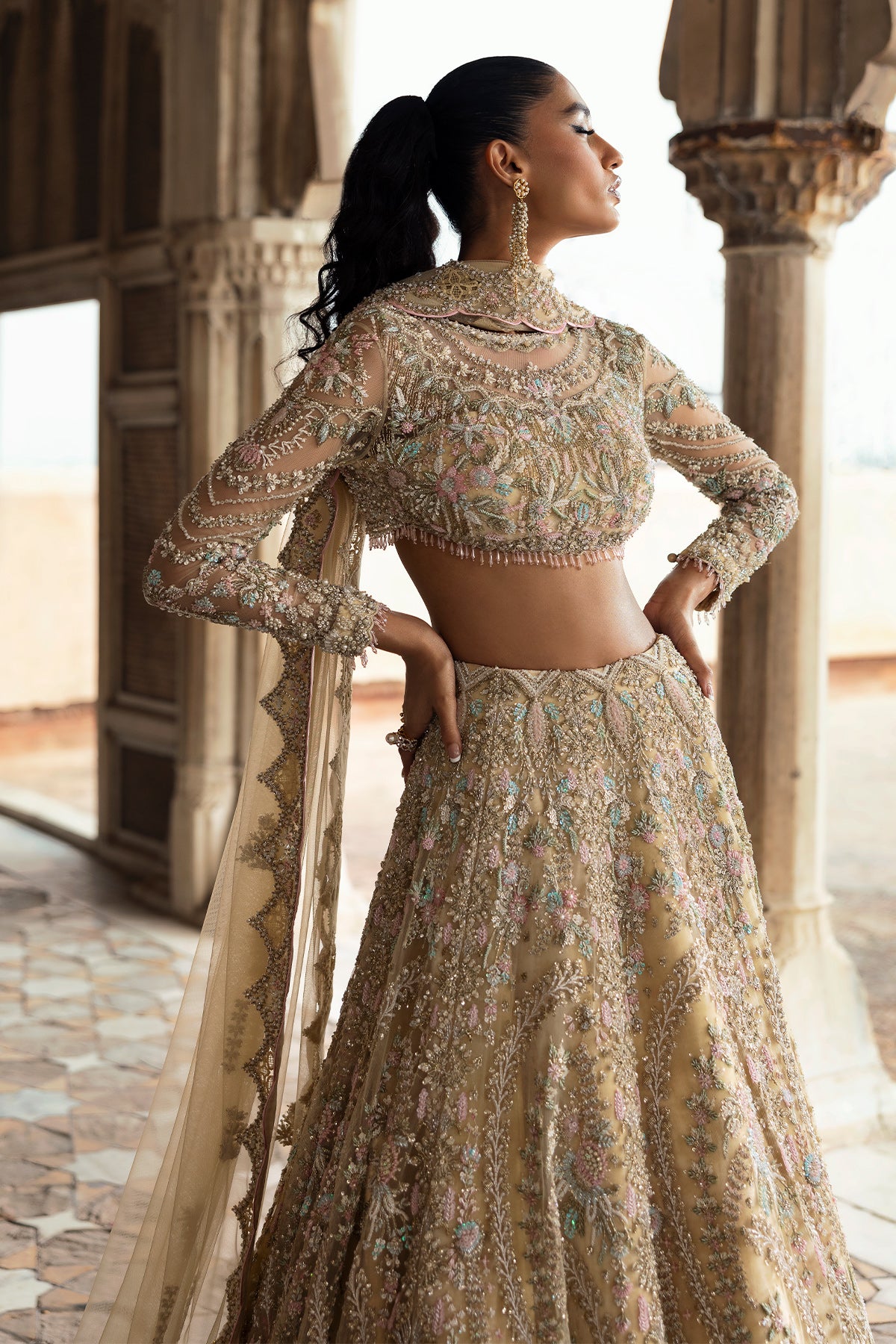 Light Yellow Embroidered Net Lehenga (3-Piece) - Image 5