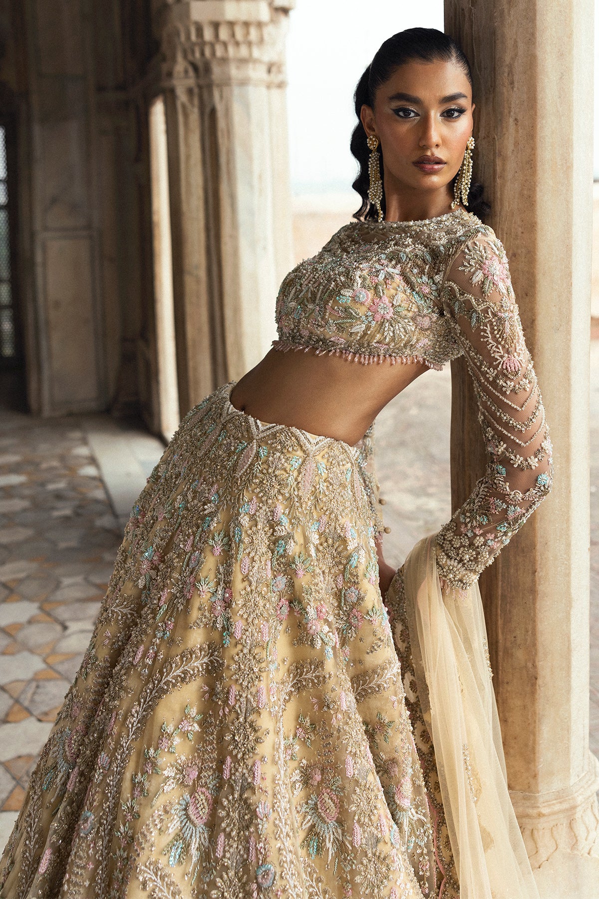 Light Yellow Embroidered Net Lehenga (3-Piece) - Image 6