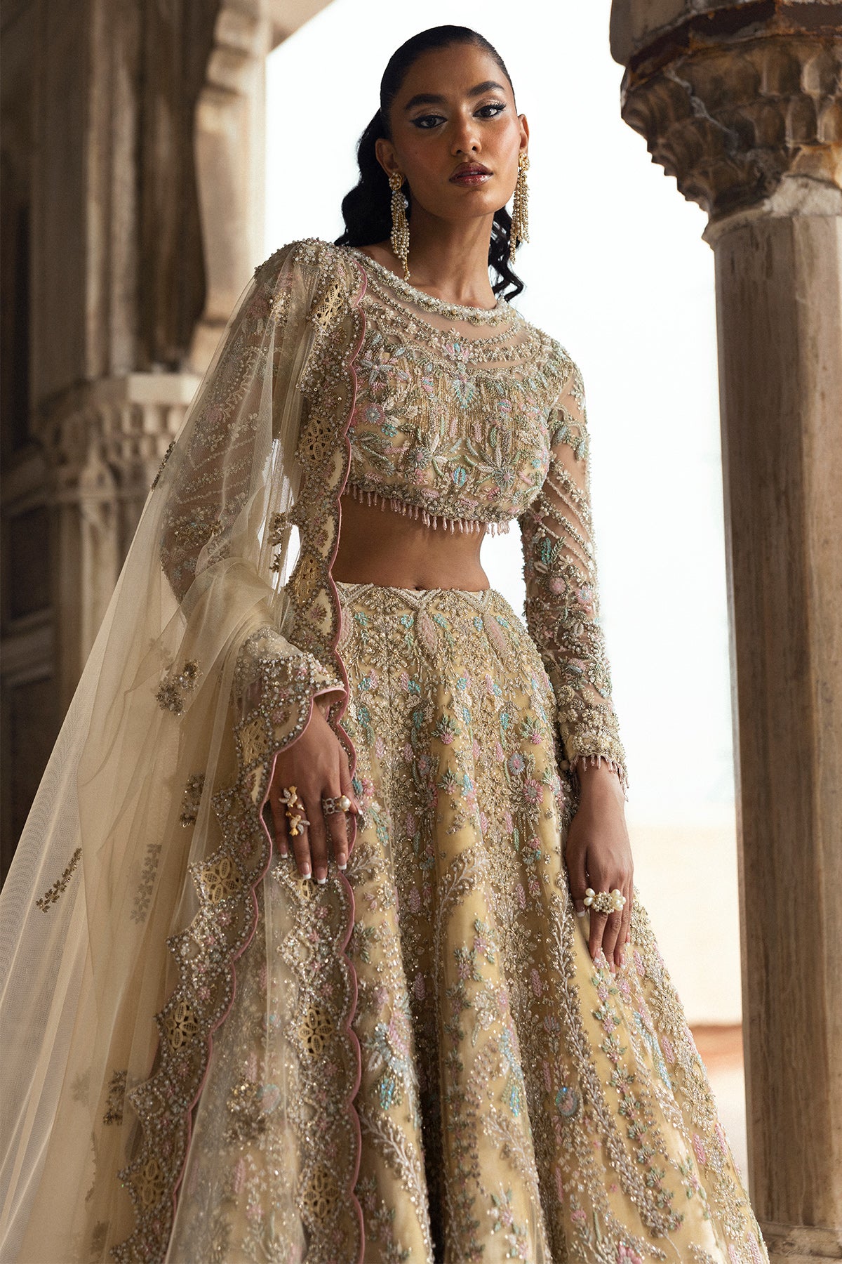 Light Yellow Embroidered Net Lehenga (3-Piece) - Image 7