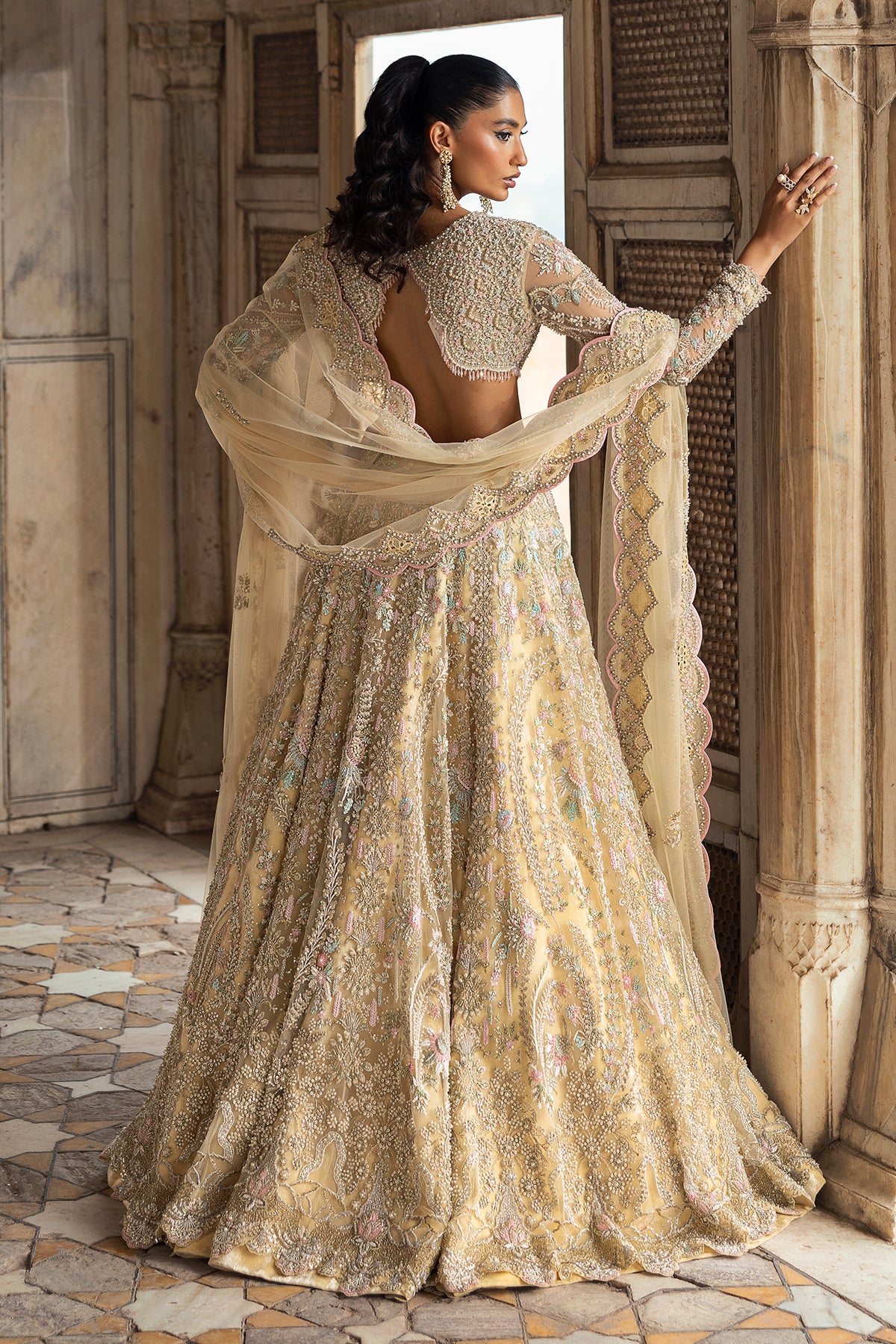 Light Yellow Embroidered Net Lehenga (3-Piece) - Image 8