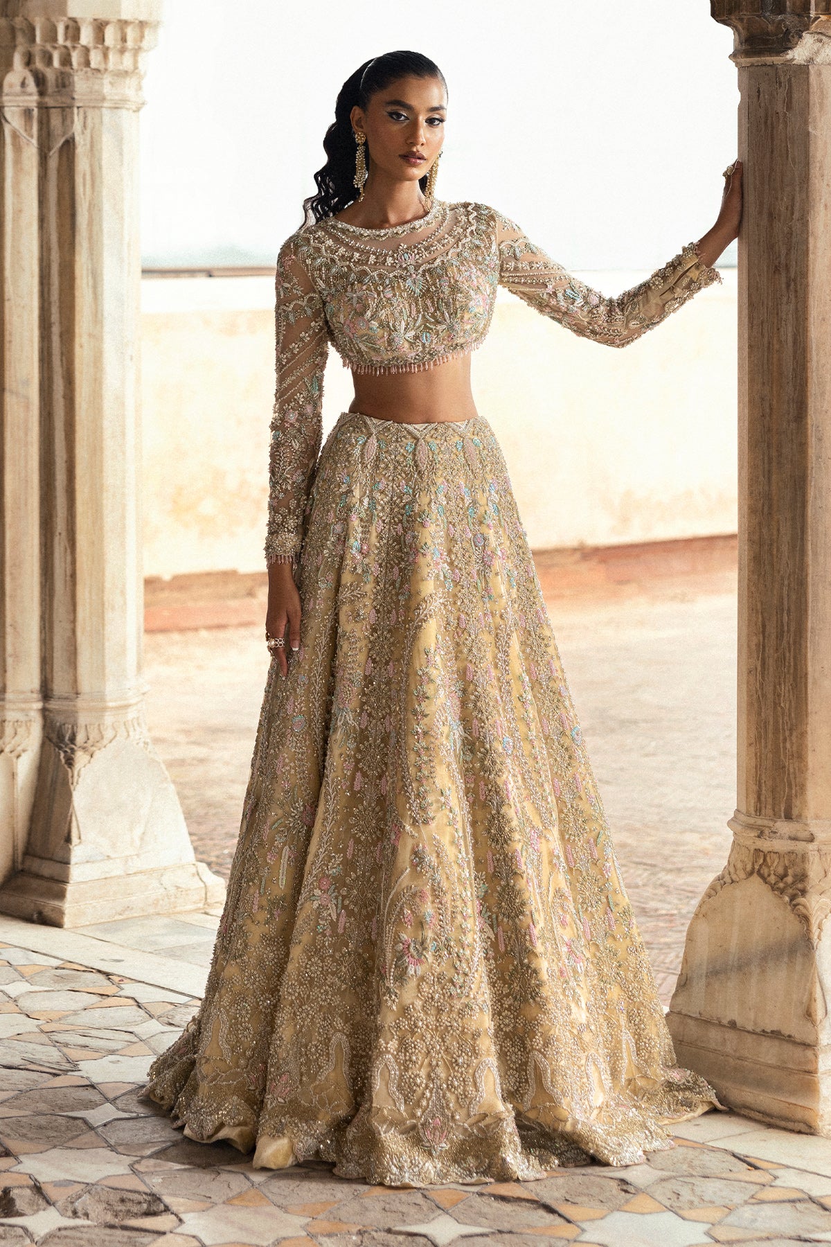 Light Yellow Embroidered Net Lehenga (3-Piece) - Image 9