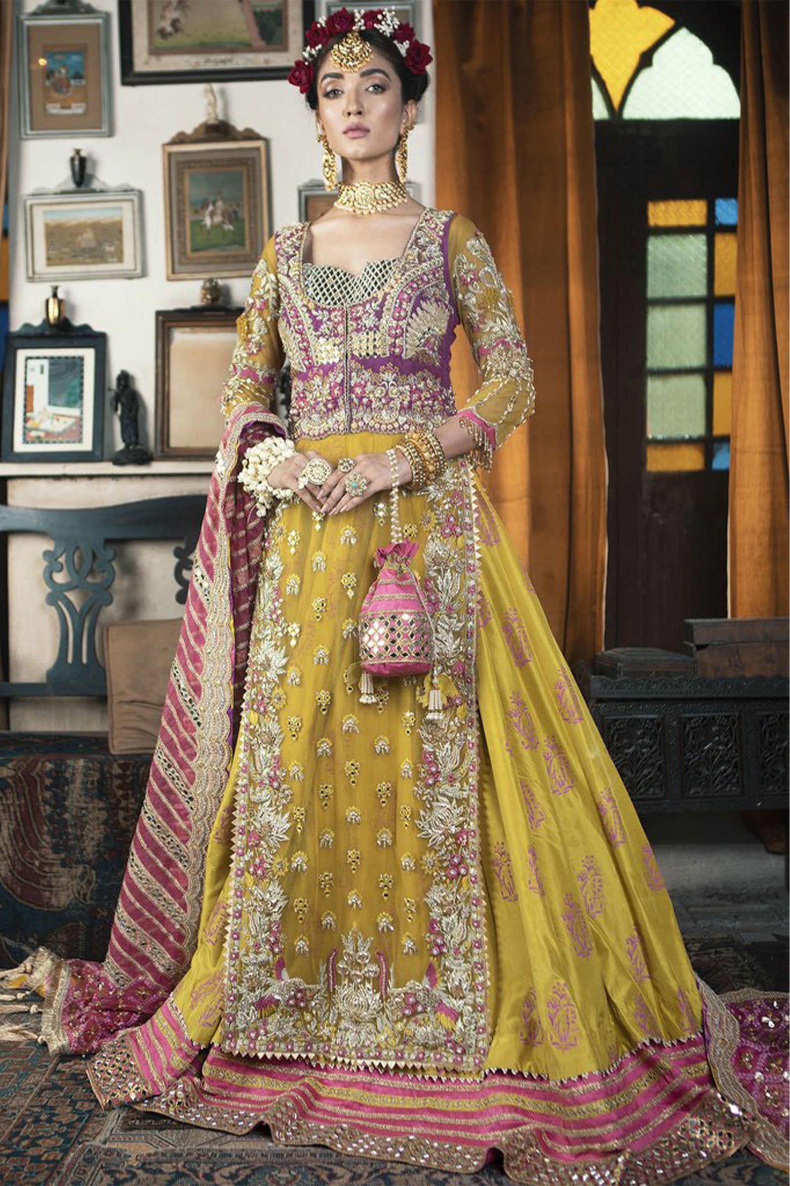 Mustard Gota Mokaish Net Lehenga (3-Piece) - Image 1