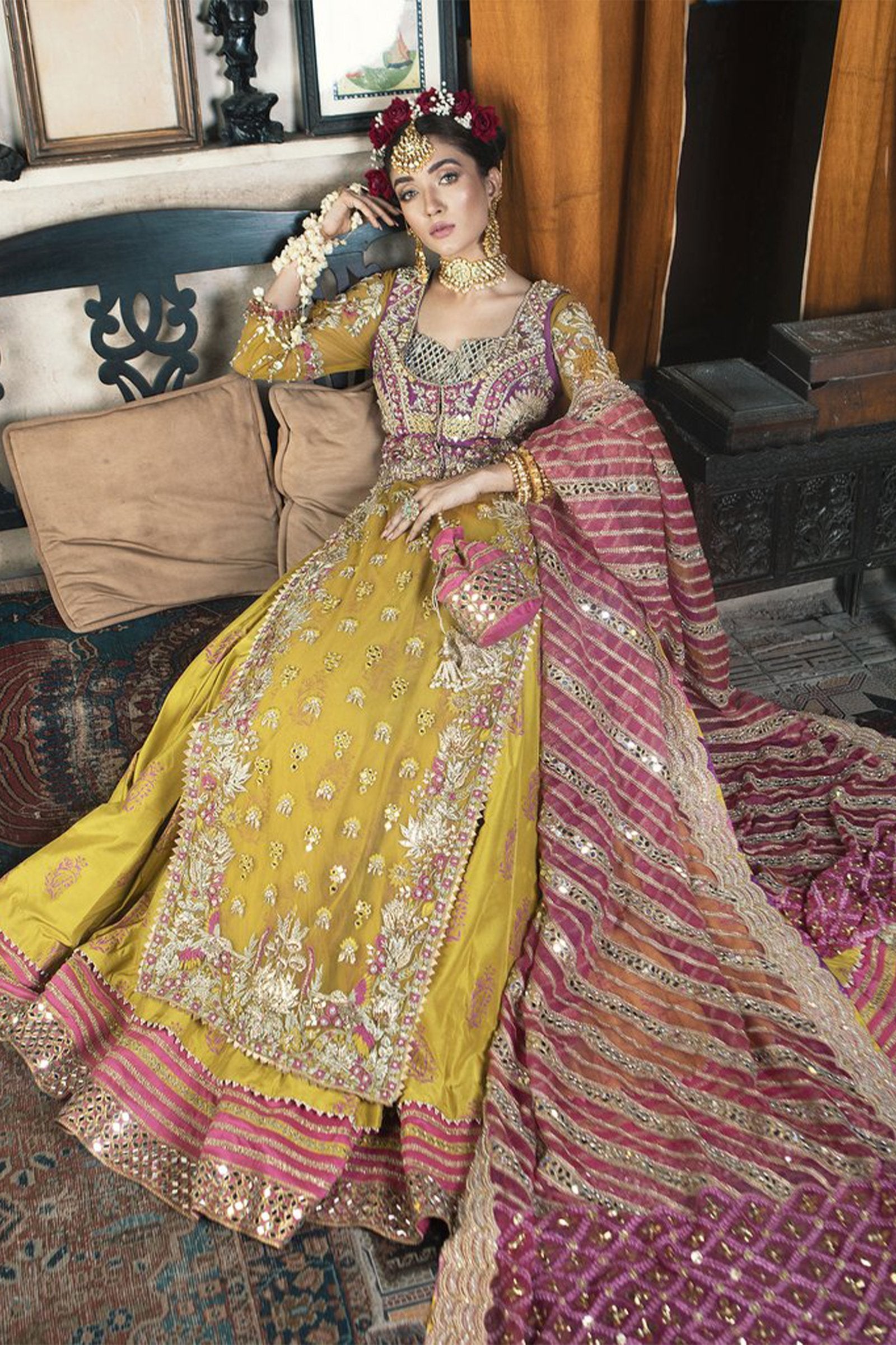 Mustard Gota Mokaish Net Lehenga (3-Piece) - Image 3