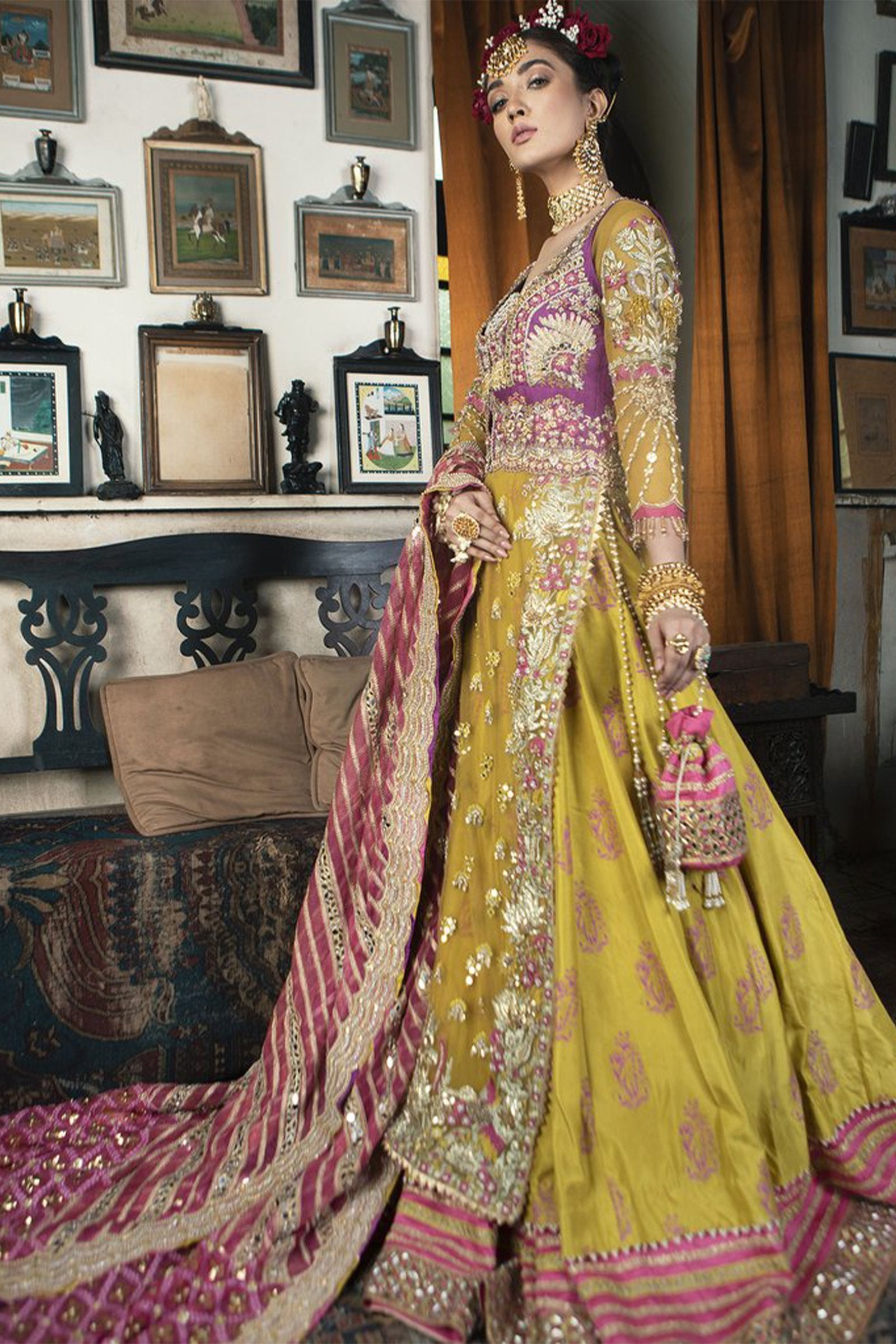 Mustard Gota Mokaish Net Lehenga (3-Piece) - Image 4