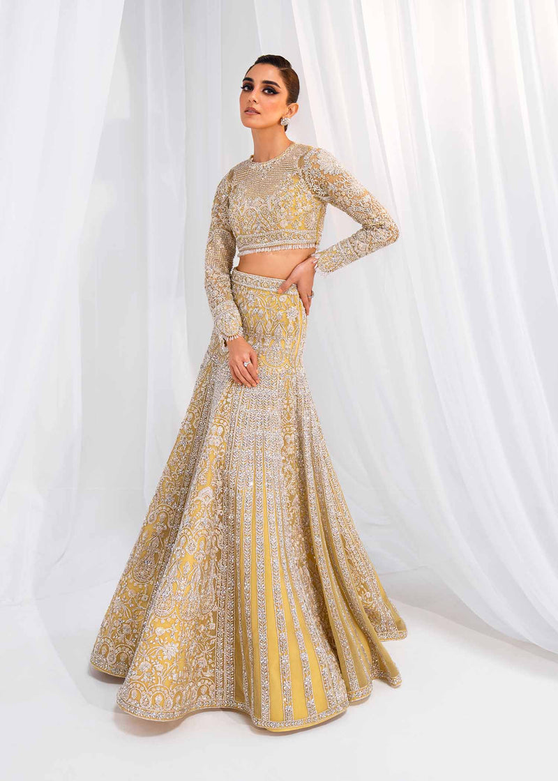 Pakistani Pale Yellow Embroidered Net Bridal Lehenga (3-Piece) - Image 1