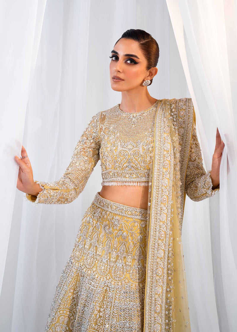 Pakistani Pale Yellow Embroidered Net Bridal Lehenga (3-Piece) - Image 3