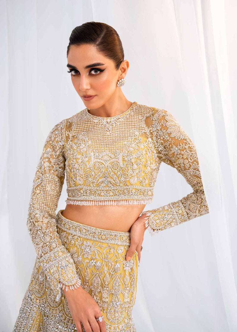 Pakistani Pale Yellow Embroidered Net Bridal Lehenga (3-Piece) - Image 4