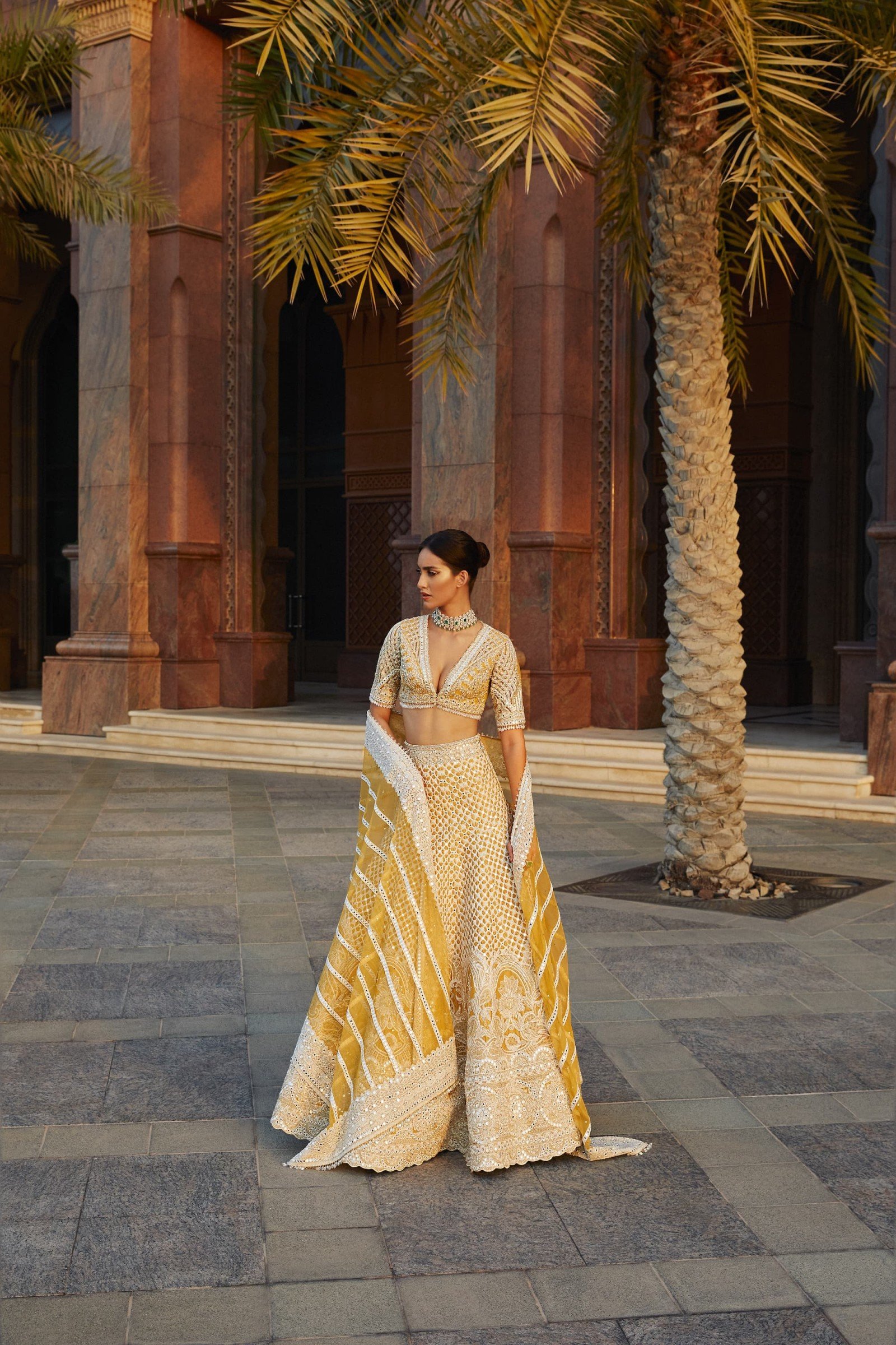 Pakistani Mustard Ivory Embroidered Net Silk-Blend Lehenga Choli (3-Piece) - Image 1