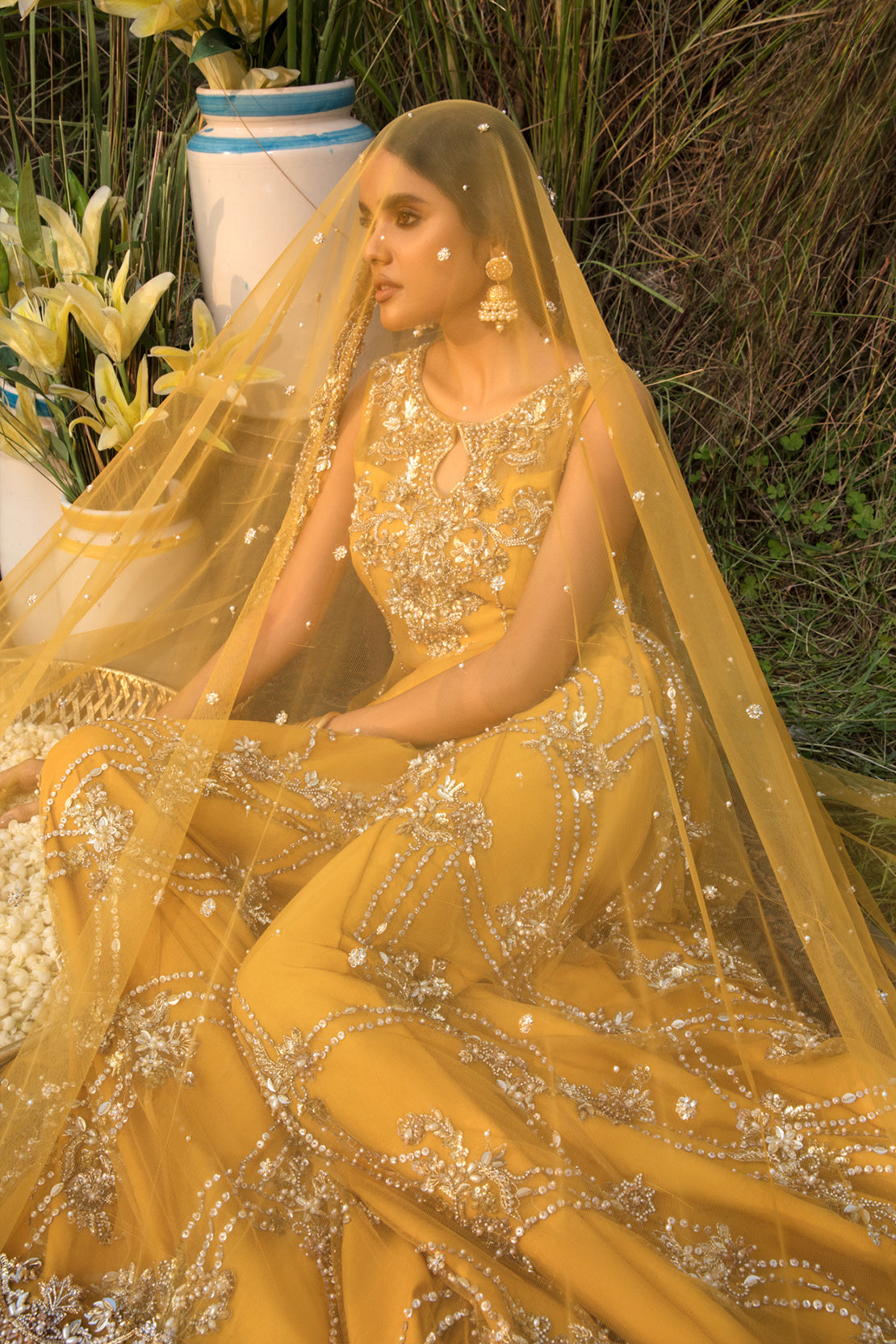 Pakistani Mustard Zardozi Net Bridal Lehenga (3-Piece) - Image 2
