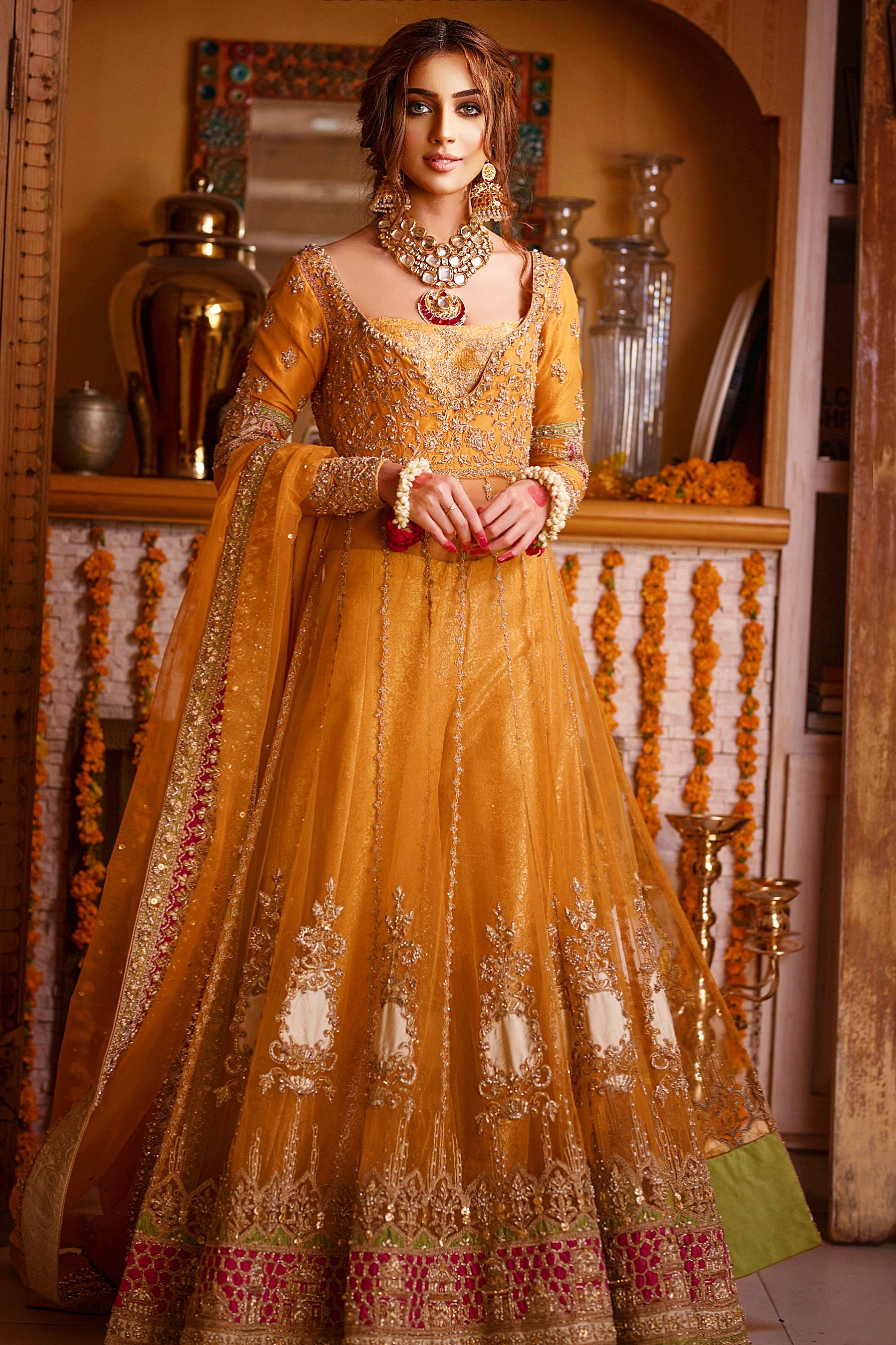 Pakistani Mustard Zari Sequin Net Bridal Lehenga (3-Piece) - Image 1