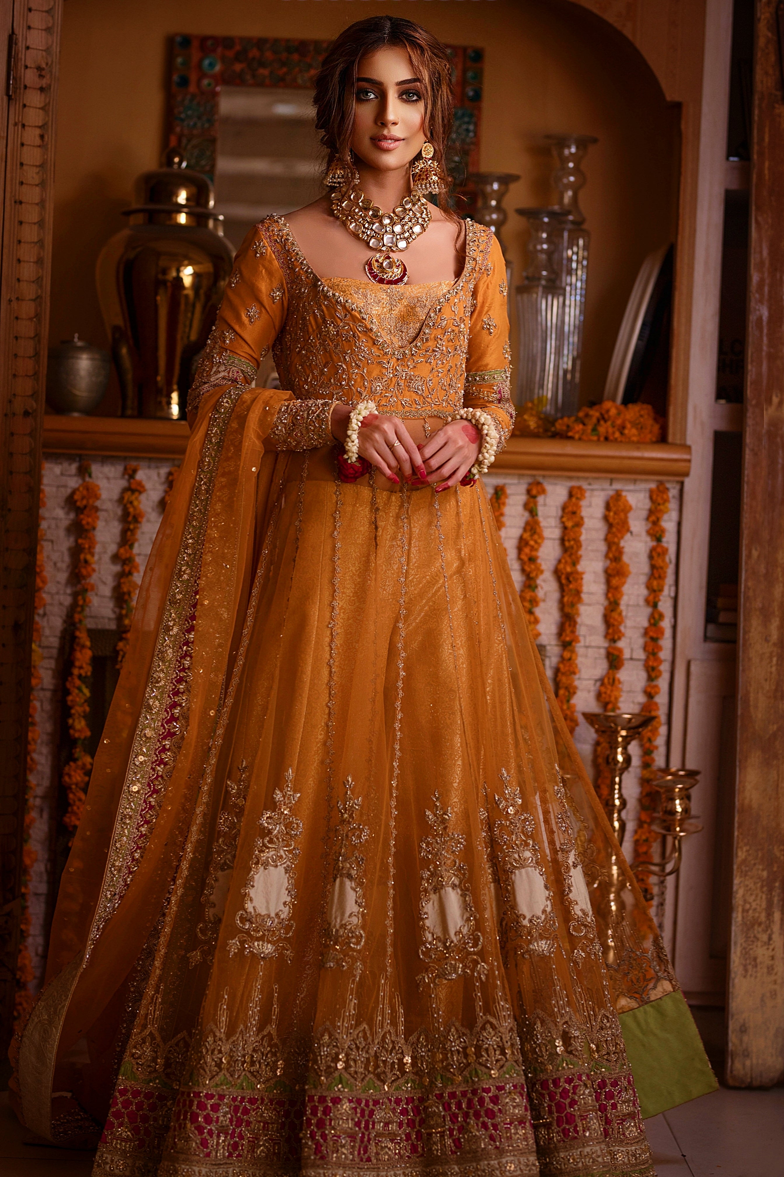 Pakistani Mustard Zari Sequin Net Bridal Lehenga (3-Piece) - Image 3