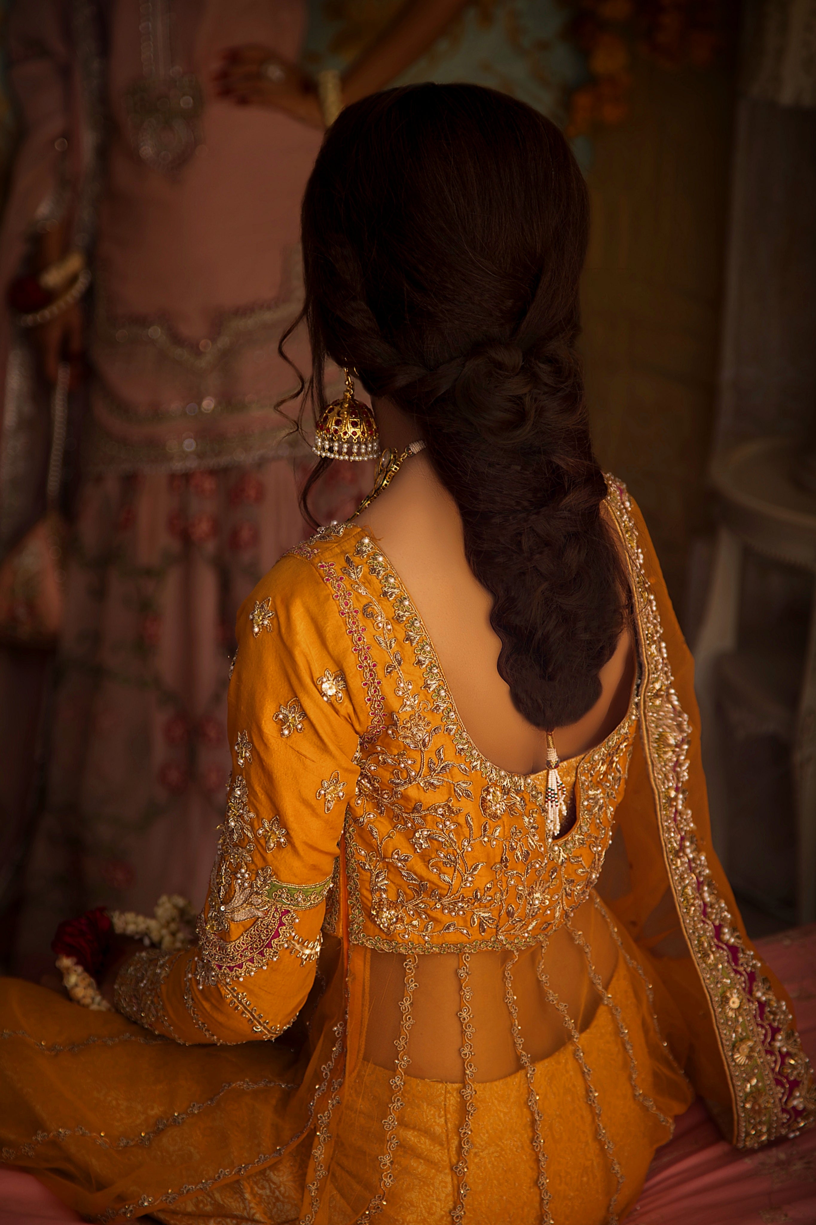 Pakistani Mustard Zari Sequin Net Bridal Lehenga (3-Piece) - Image 4