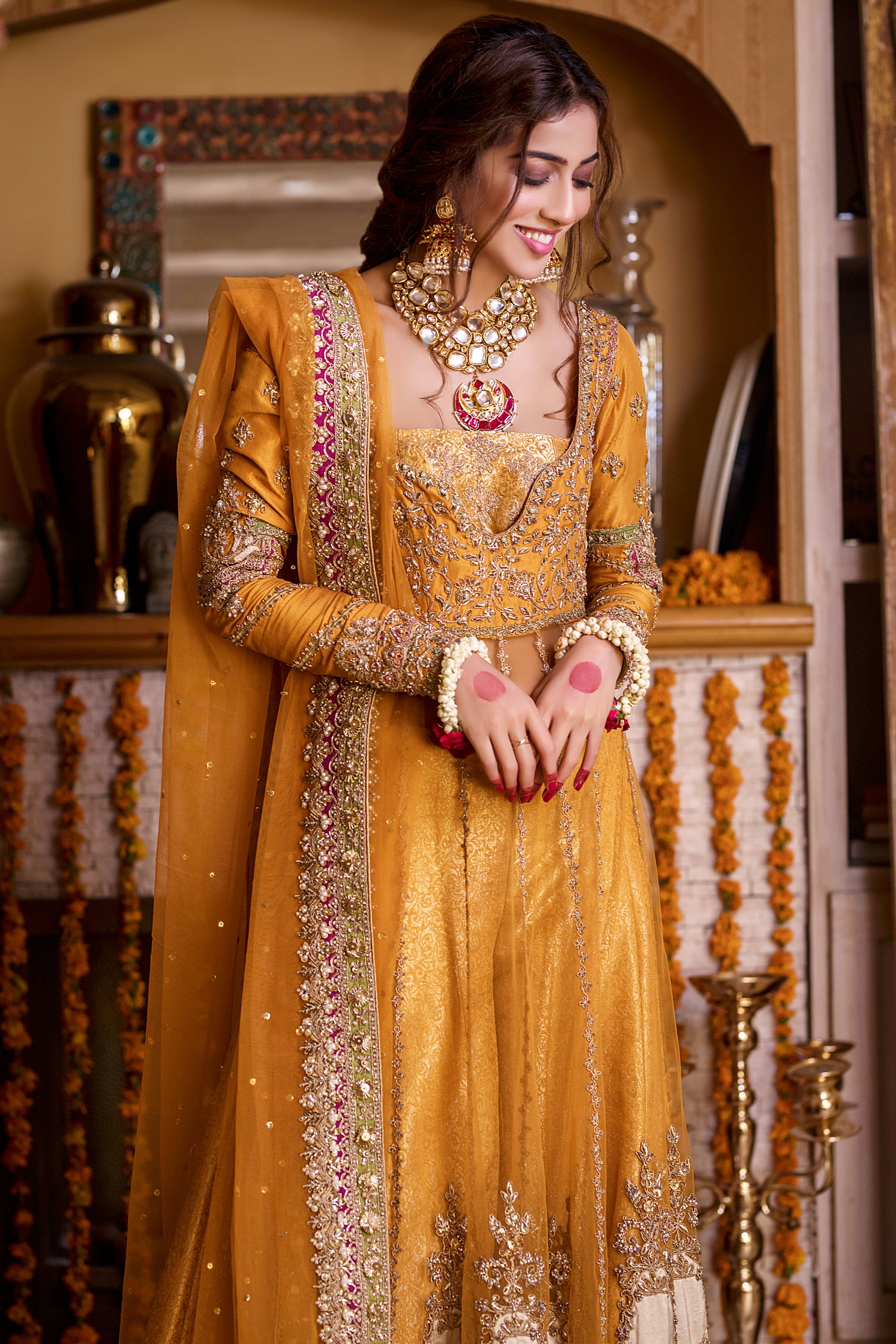 Pakistani Mustard Zari Sequin Net Bridal Lehenga (3-Piece) - Image 5