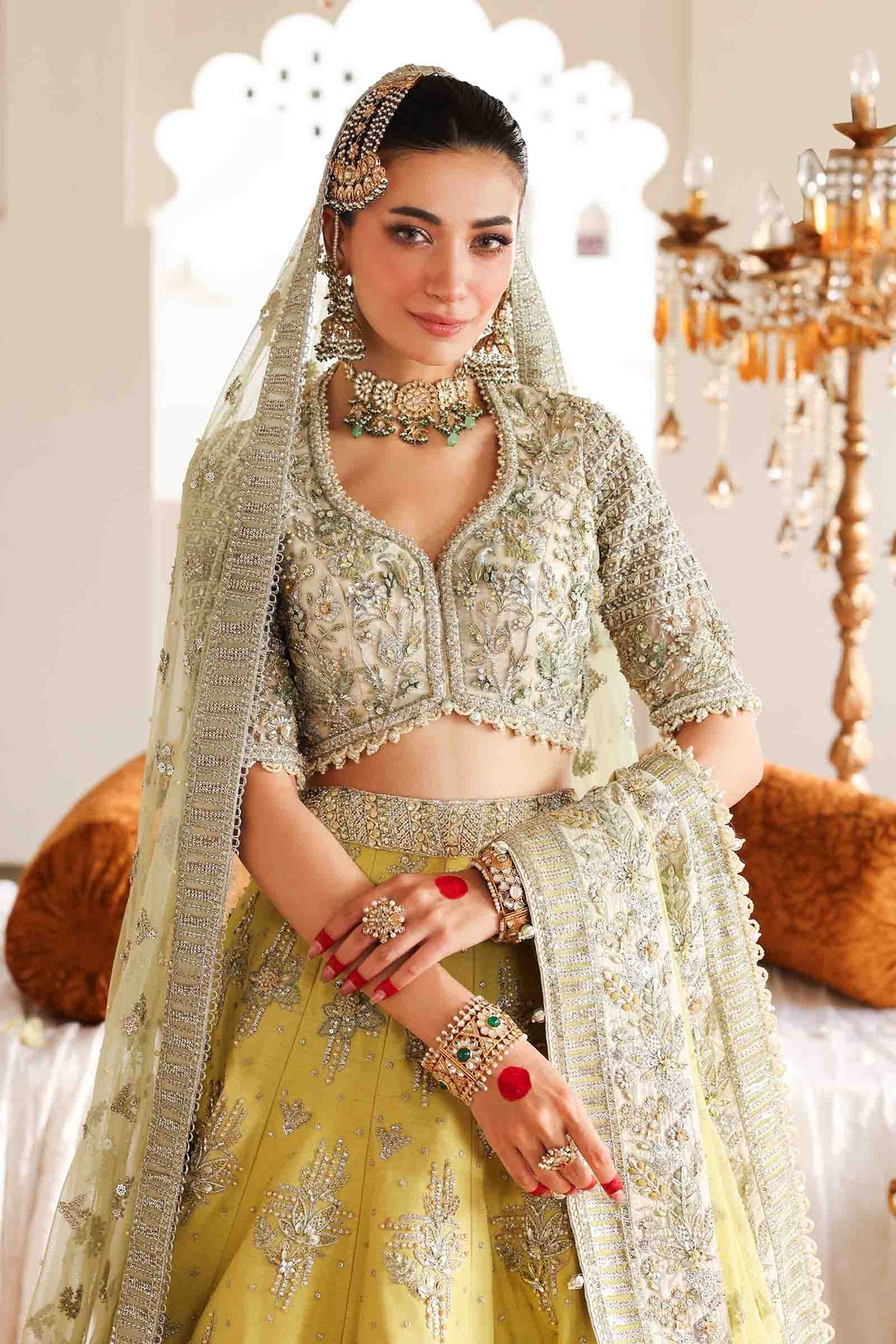 Lime Yellow Embellished Organza & Net Lehenga (3-Piece) - Image 2