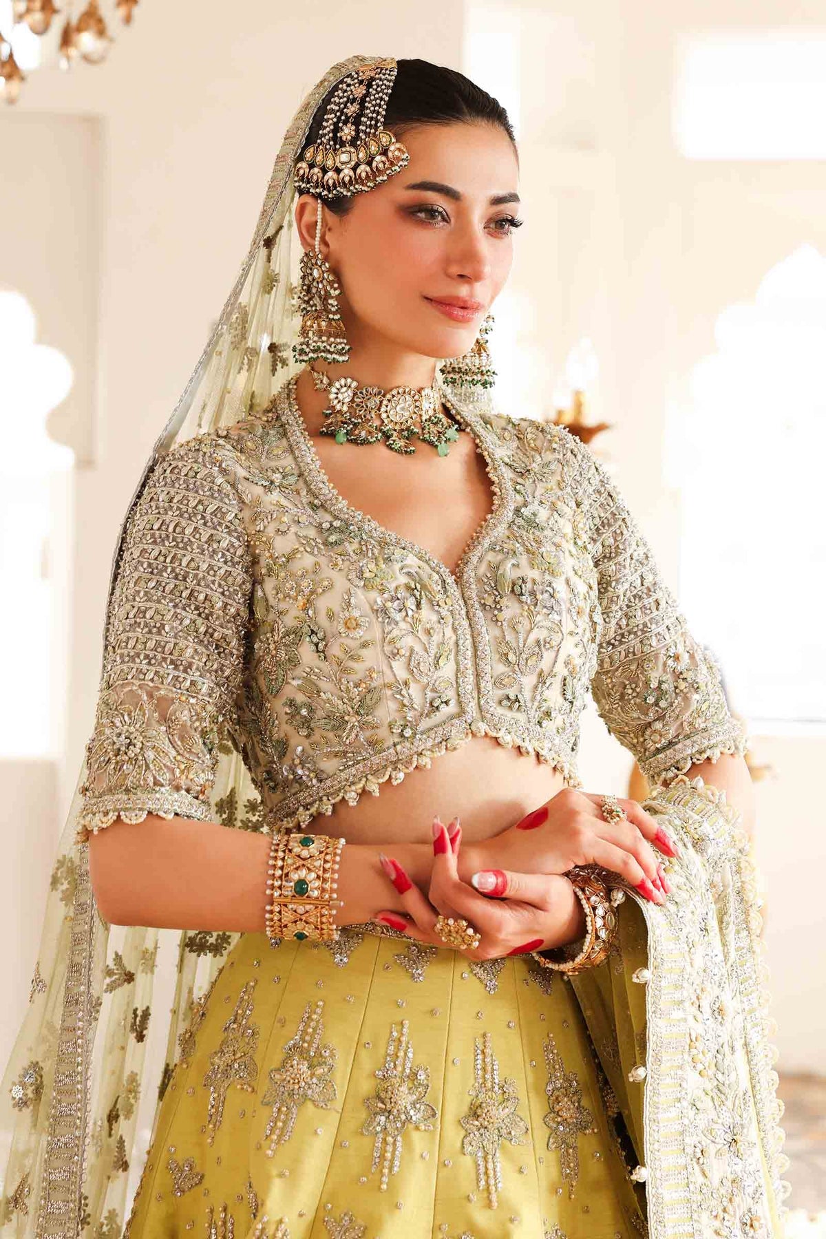 Lime Yellow Embellished Organza & Net Lehenga (3-Piece) - Image 3