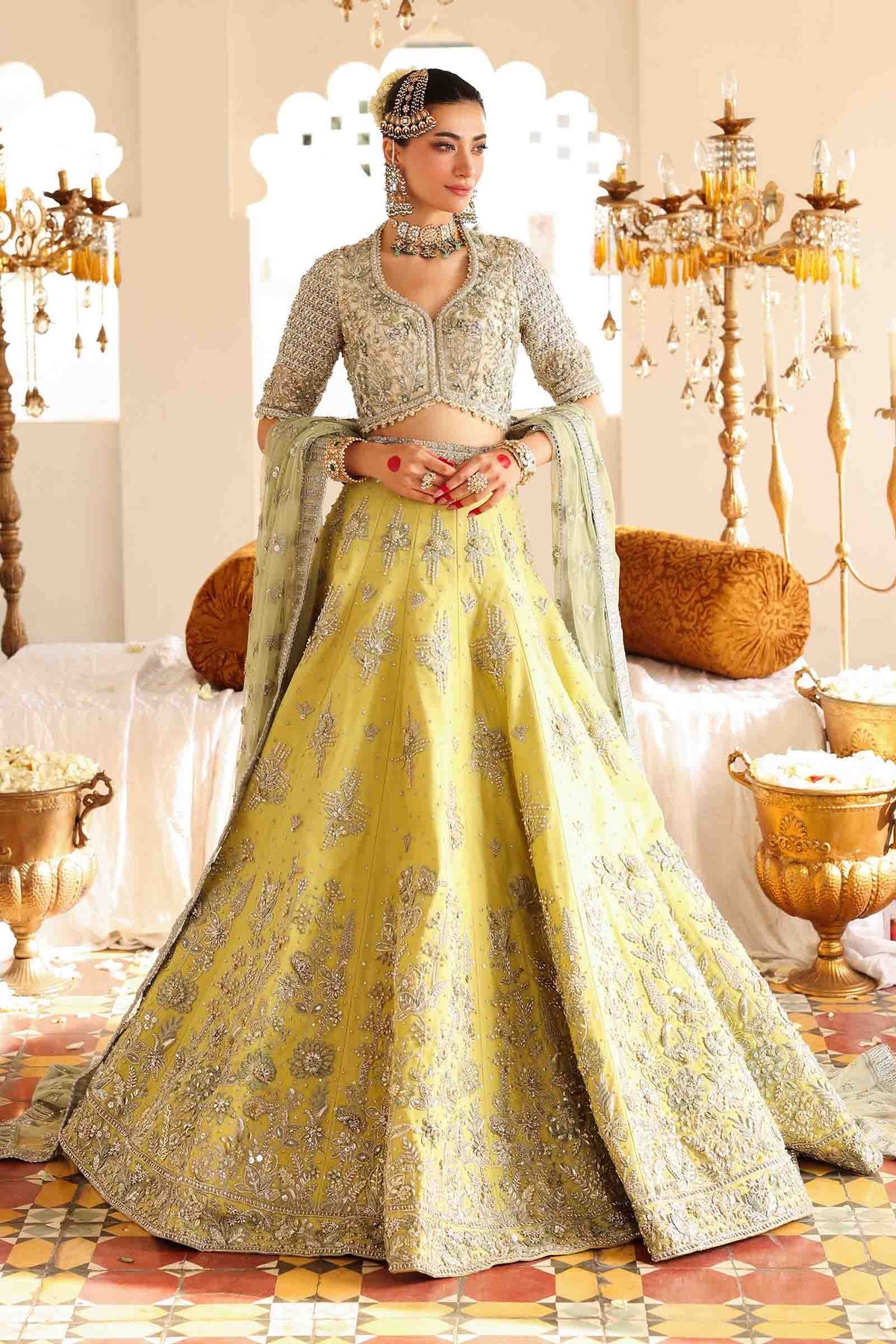 Lime Yellow Embellished Organza & Net Lehenga (3-Piece) - Image 5