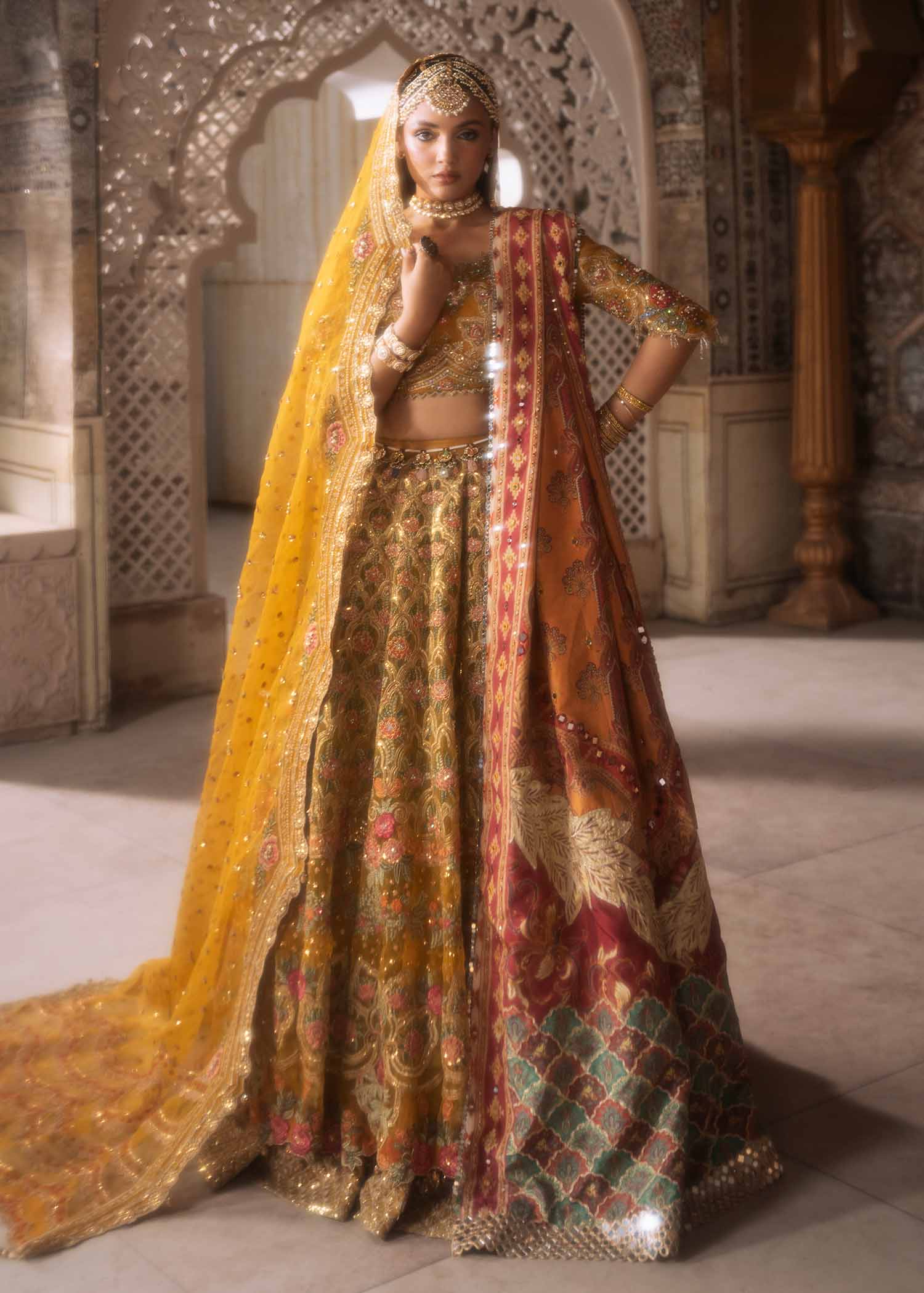 Mustard Yellow Embroidered Organza Bridal Lehnga (3-Piece) - Image 1