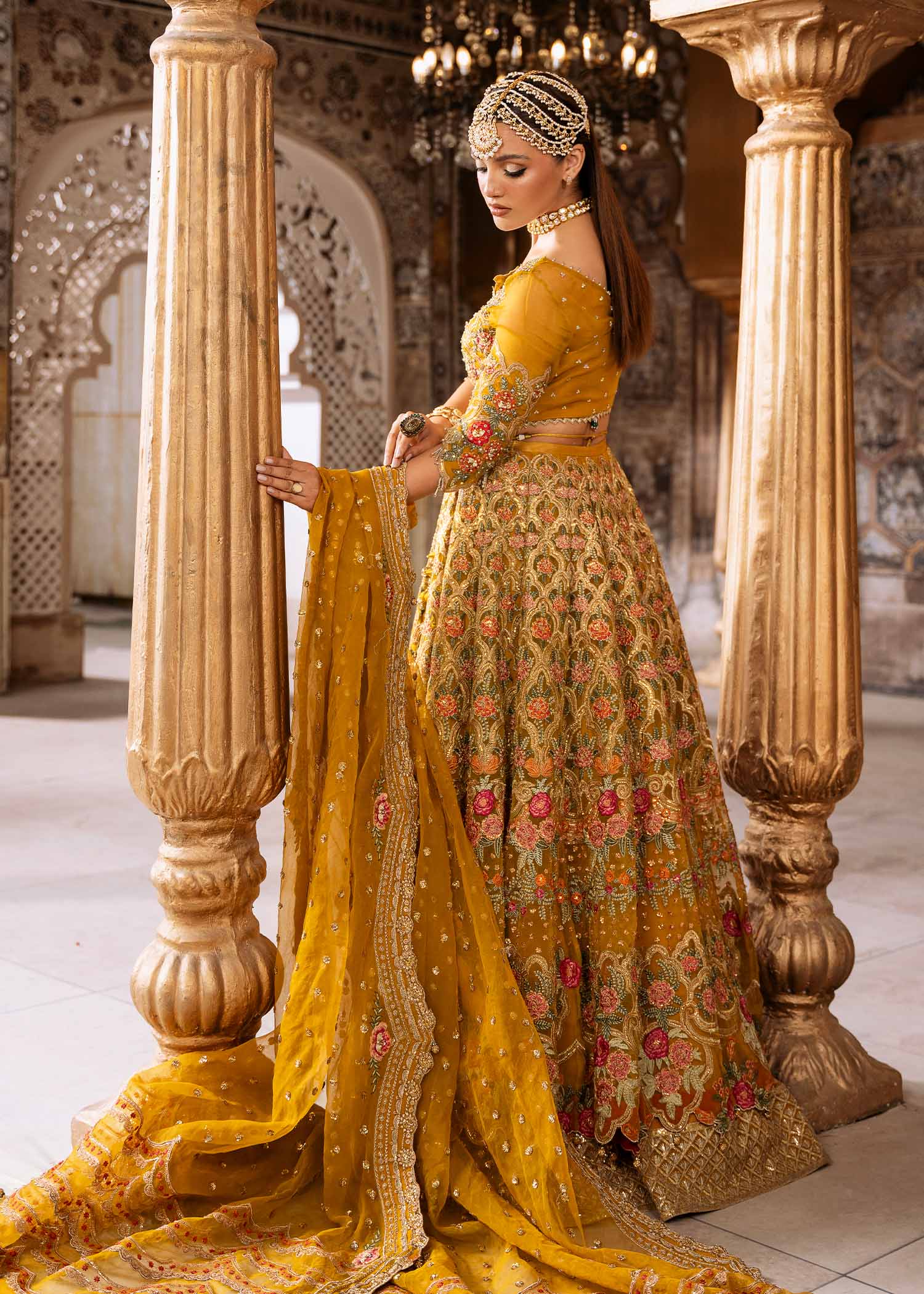 Mustard Yellow Embroidered Organza Bridal Lehnga (3-Piece) - Image 2
