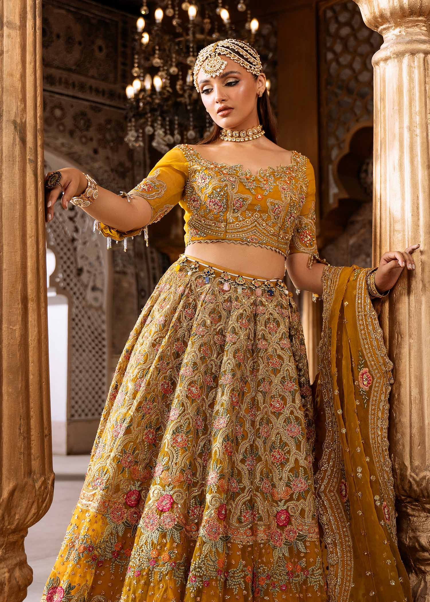 Mustard Yellow Embroidered Organza Bridal Lehnga (3-Piece) - Image 3