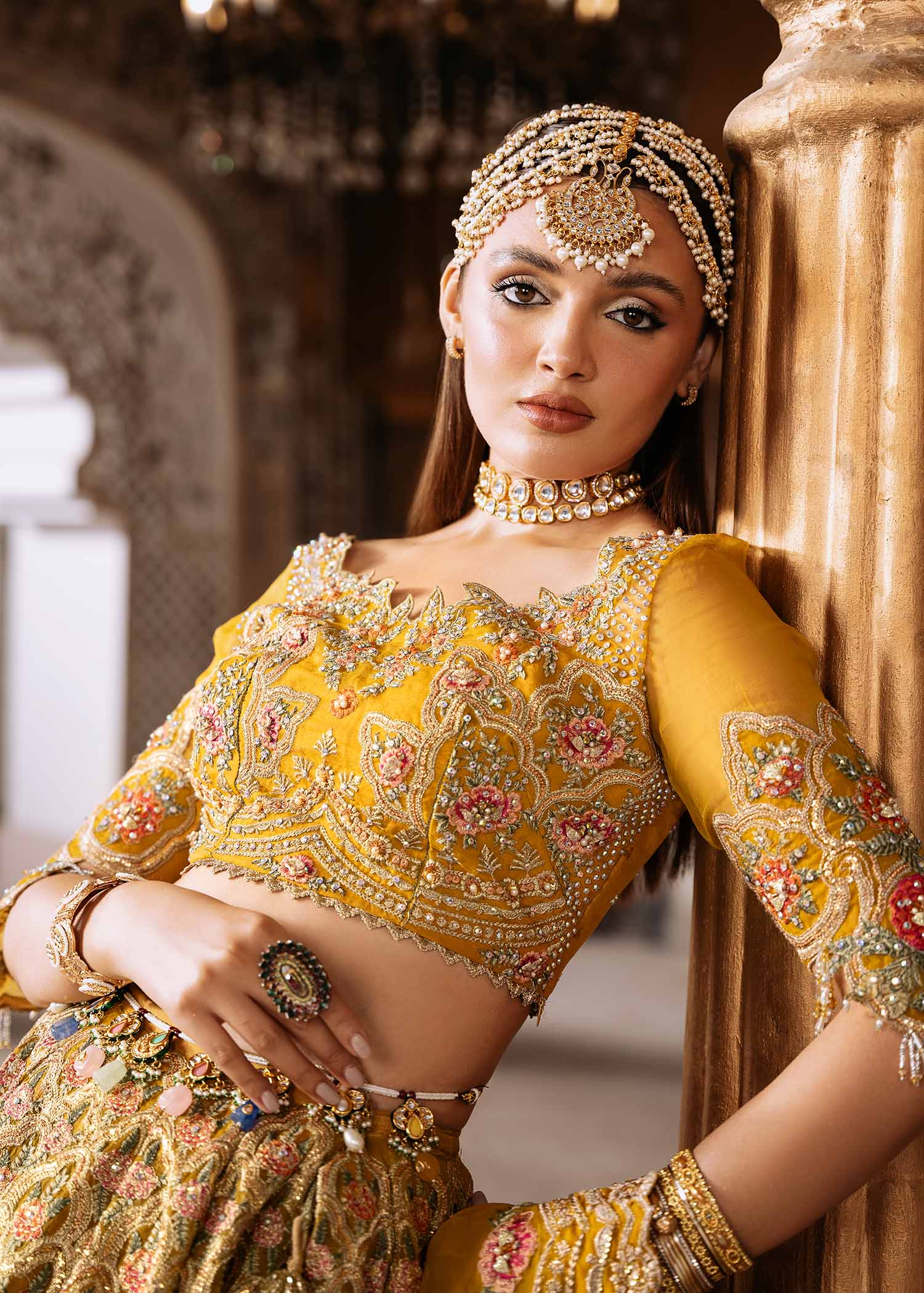 Mustard Yellow Embroidered Organza Bridal Lehnga (3-Piece) - Image 4