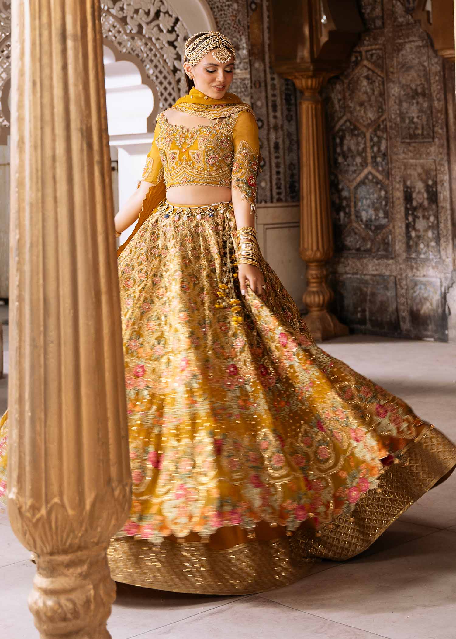 Mustard Yellow Embroidered Organza Bridal Lehnga (3-Piece) - Image 5