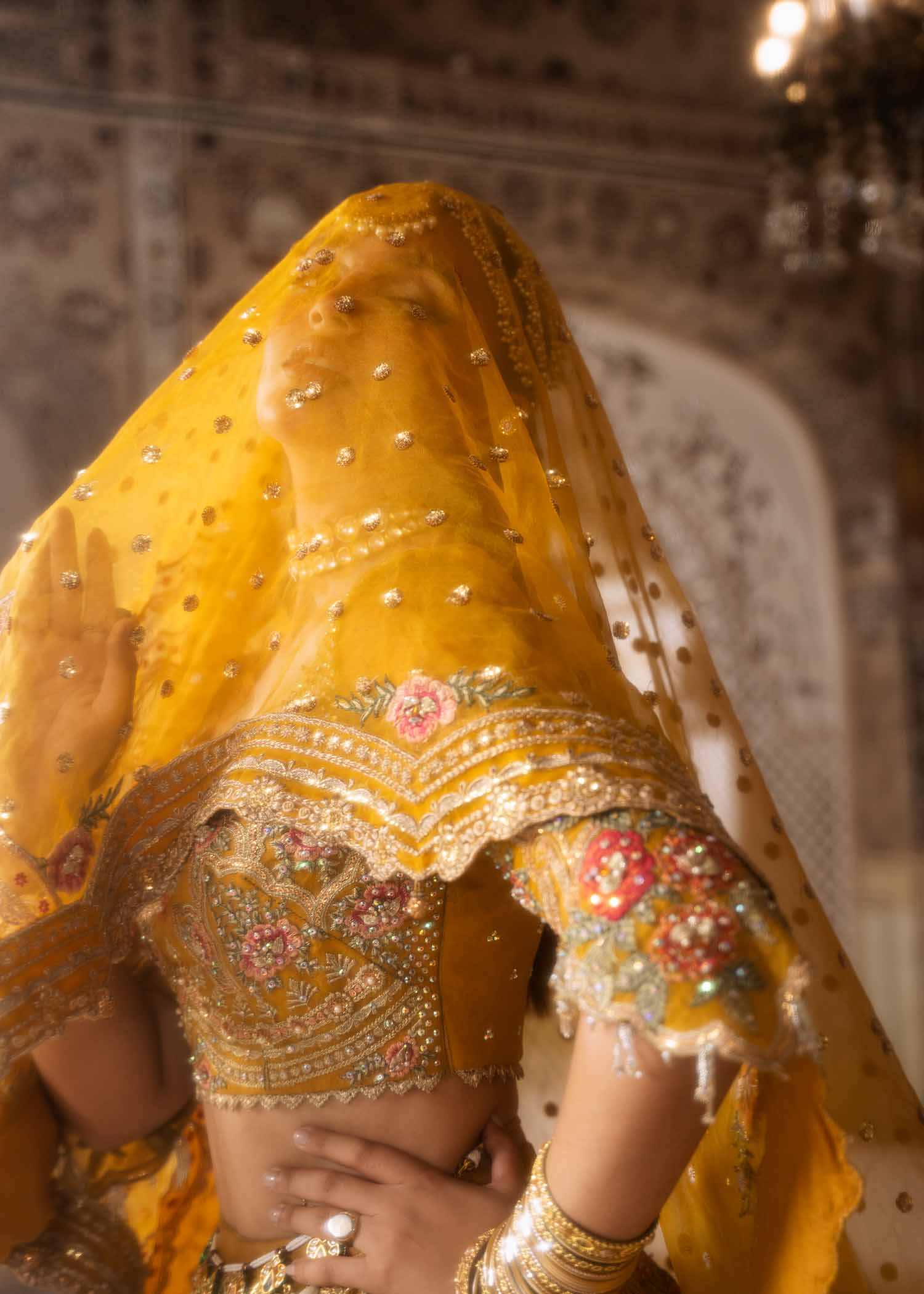 Mustard Yellow Embroidered Organza Bridal Lehnga (3-Piece) - Image 6