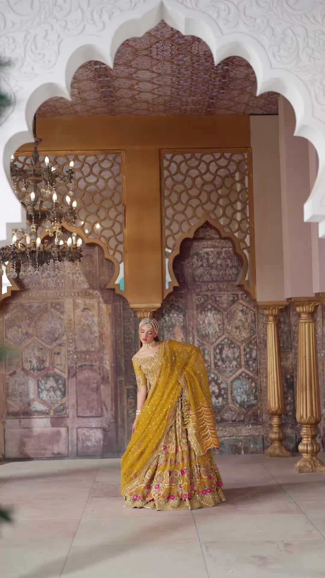 Mustard Yellow Embroidered Organza Bridal Lehnga (3-Piece) - Image 7