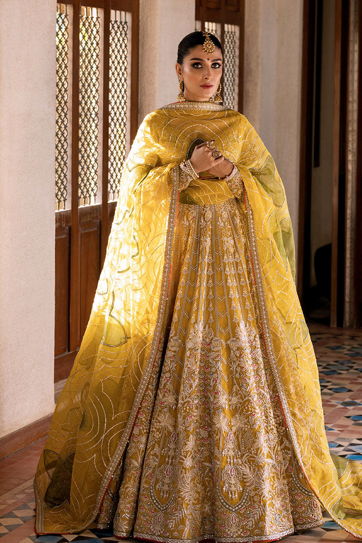 Mustard Yellow Embroidered Organza Bridal Lehenga (3-Piece) - Image 1
