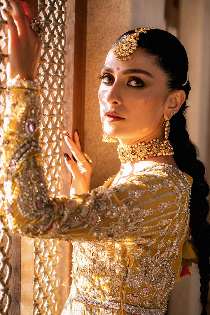 Mustard Yellow Embroidered Organza Bridal Lehenga (3-Piece) - Image 11