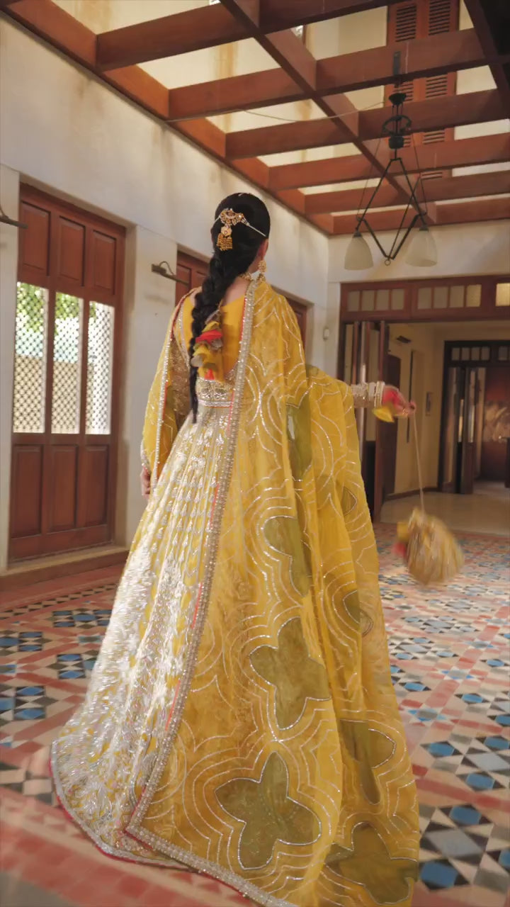 Mustard Yellow Embroidered Organza Bridal Lehenga (3-Piece) - Image 12