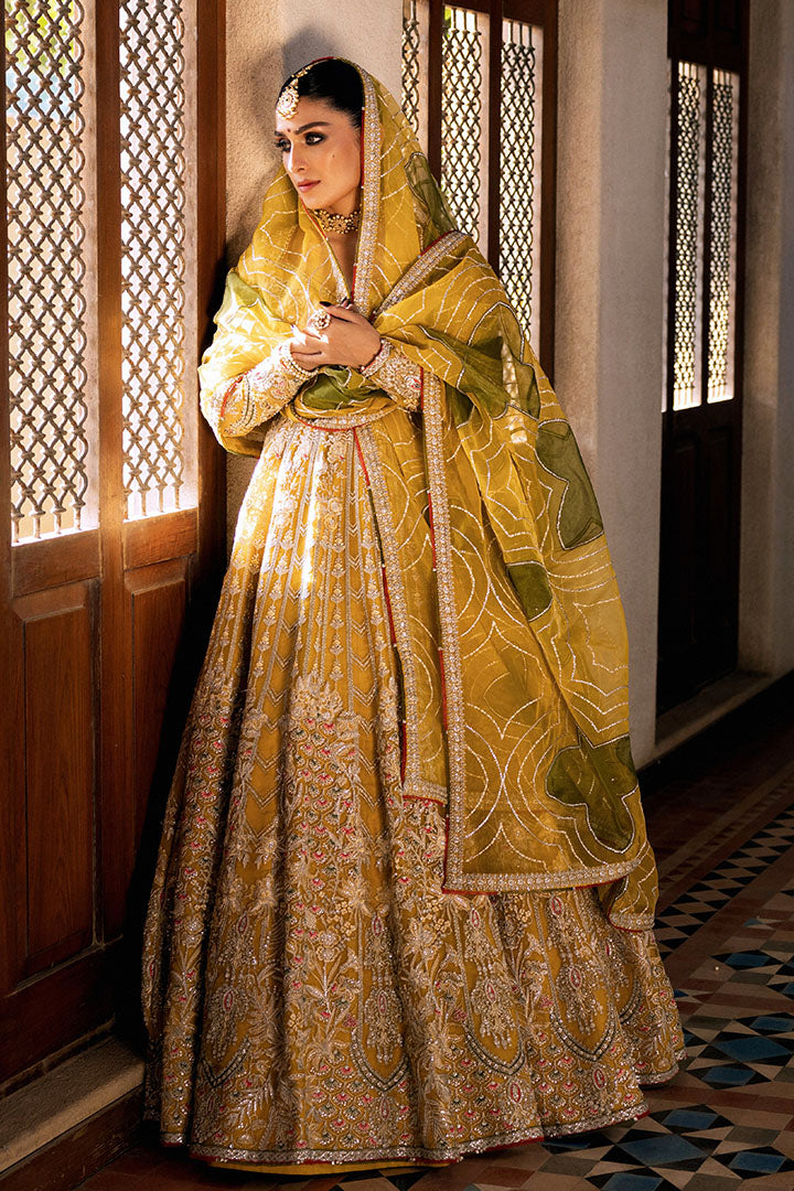 Mustard Yellow Embroidered Organza Bridal Lehenga (3-Piece) - Image 3