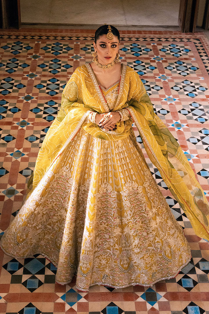 Mustard Yellow Embroidered Organza Bridal Lehenga (3-Piece) - Image 4