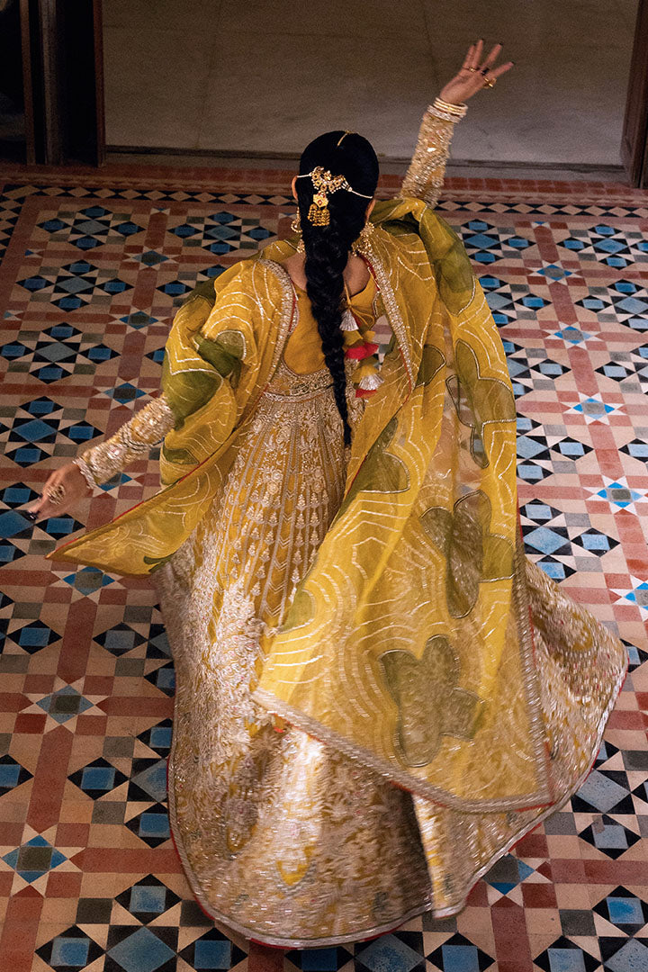 Mustard Yellow Embroidered Organza Bridal Lehenga (3-Piece) - Image 6