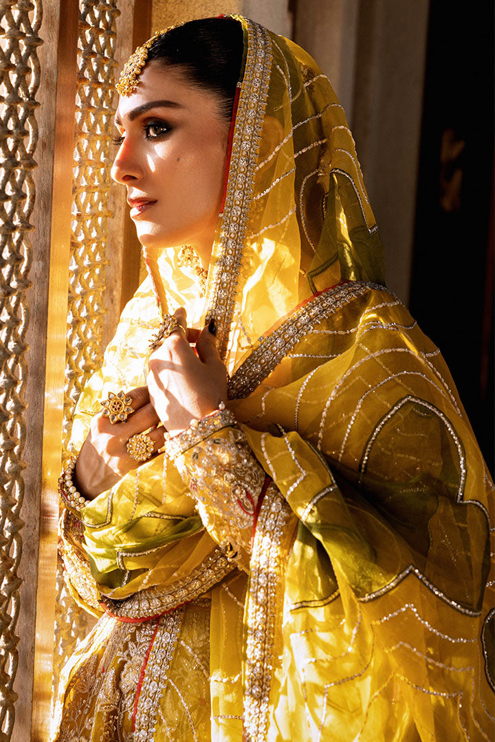 Mustard Yellow Embroidered Organza Bridal Lehenga (3-Piece) - Image 8