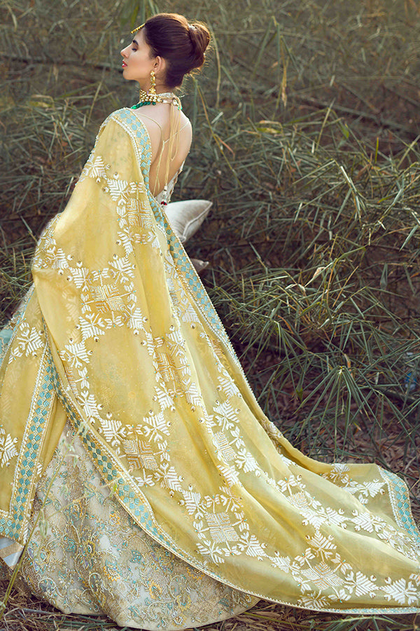 Yellow & White Phulkari Organza Lehenga (3-Piece) - Image 1