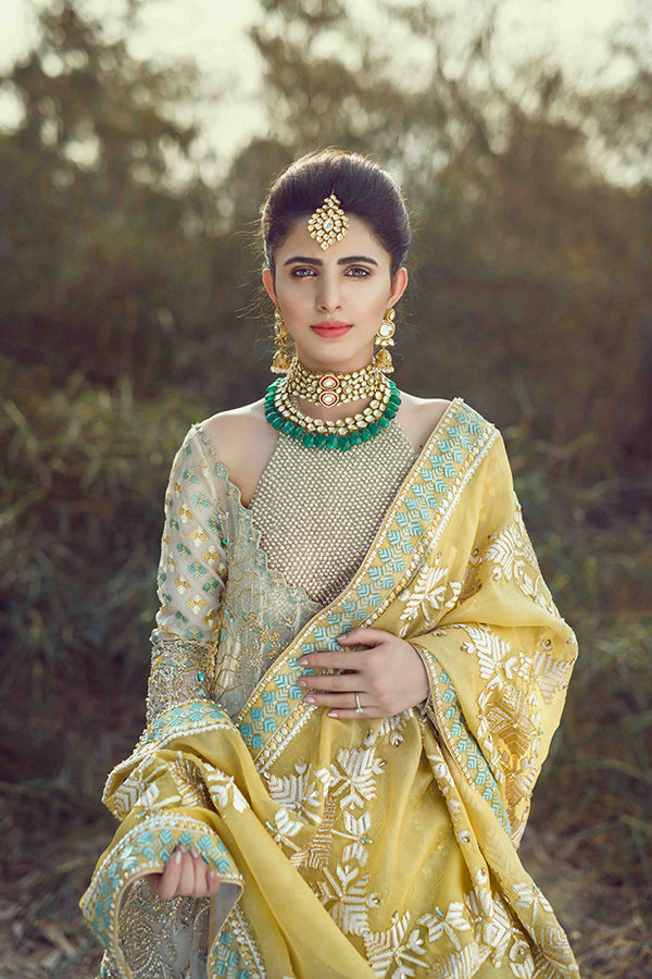 Yellow & White Phulkari Organza Lehenga (3-Piece) - Image 3