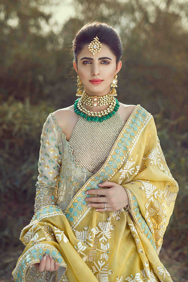 Yellow & White Phulkari Organza Lehenga (3-Piece) - Image 4