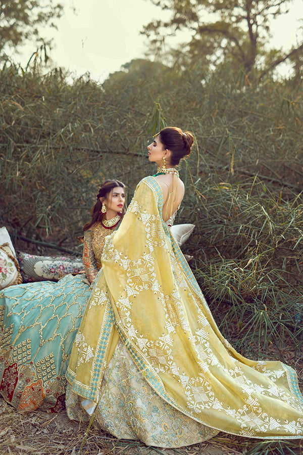 Yellow & White Phulkari Organza Lehenga (3-Piece) - Image 5