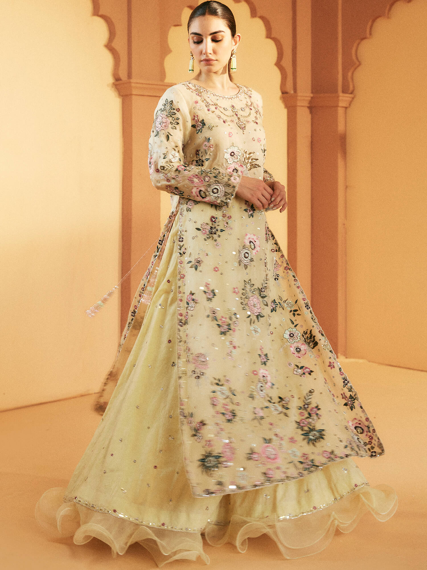 Pale Yellow Embroidered Organza Shirt with Jacquard Lehenga (2-Piece) - Image 1