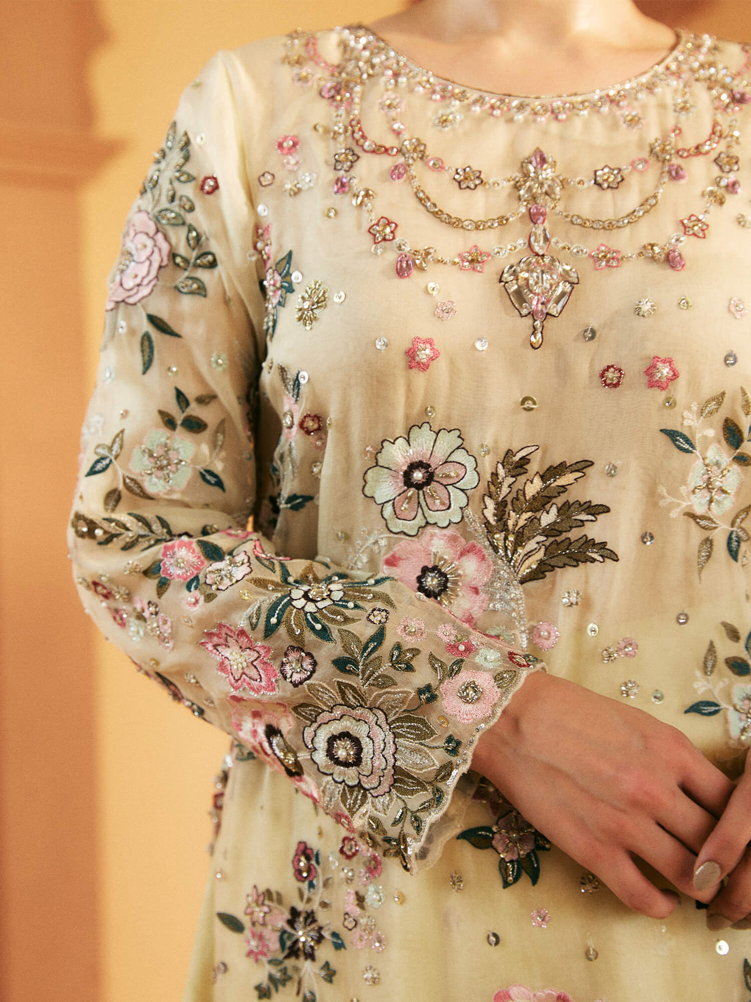 Pale Yellow Embroidered Organza Shirt with Jacquard Lehenga (2-Piece) - Image 2