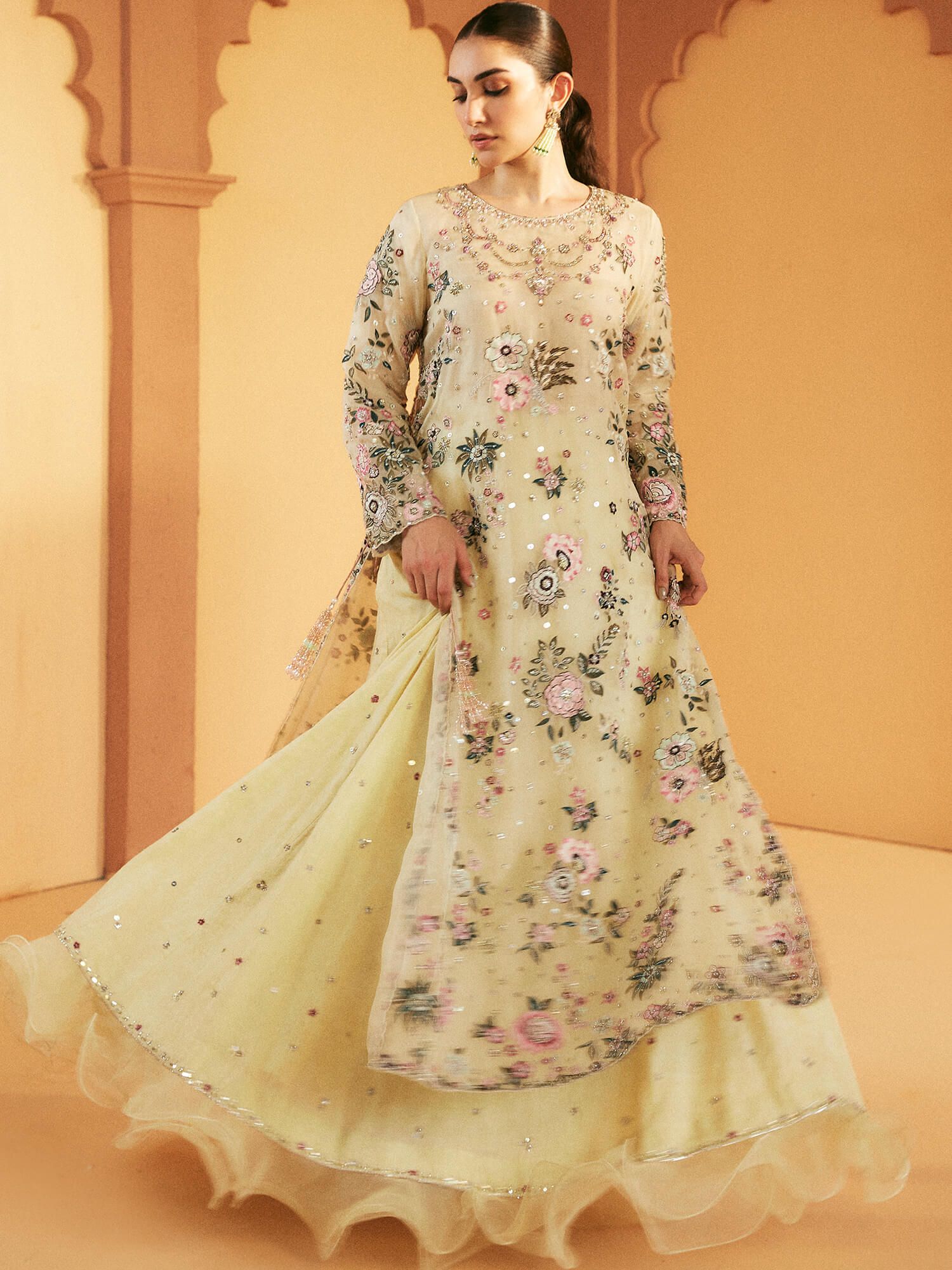 Pale Yellow Embroidered Organza Shirt with Jacquard Lehenga (2-Piece) - Image 4