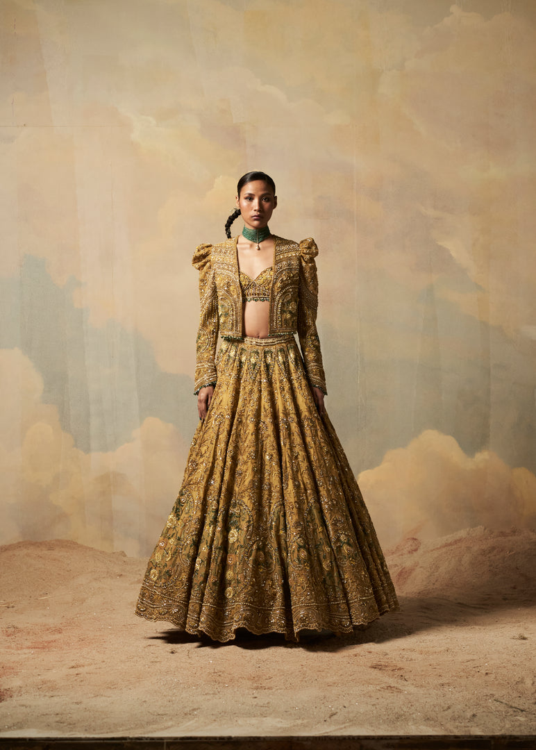 Yolk Yellow-Bronze Embroidered Organza Lehenga (3-Piece) - Image 1