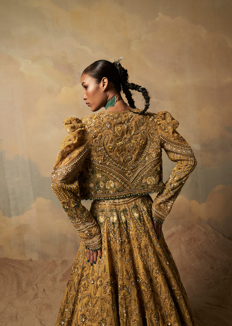 Yolk Yellow-Bronze Embroidered Organza Lehenga (3-Piece) - Image 2