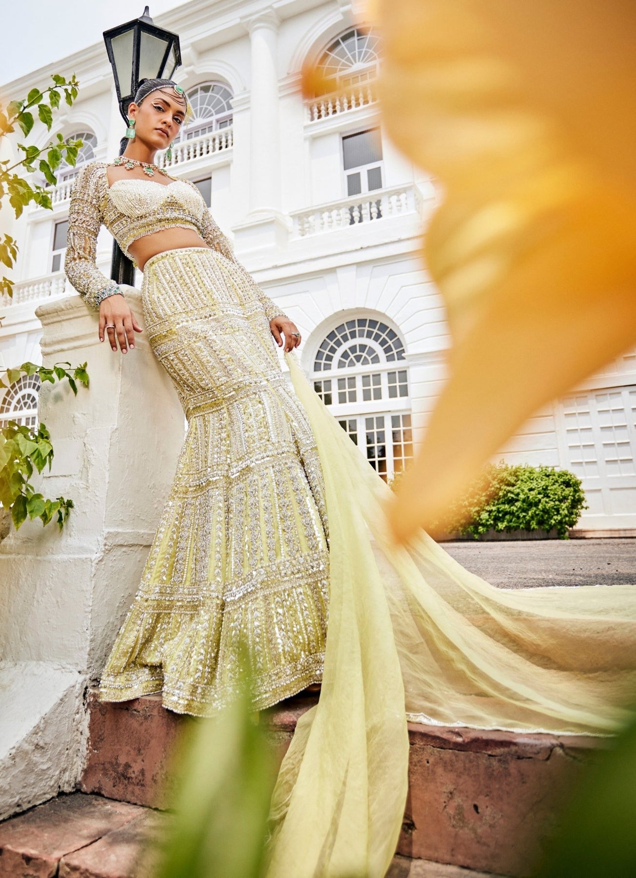 Pastel Yellow Crystal Embroidered Organza Mermaid Lehenga (3-Piece) - Image 2
