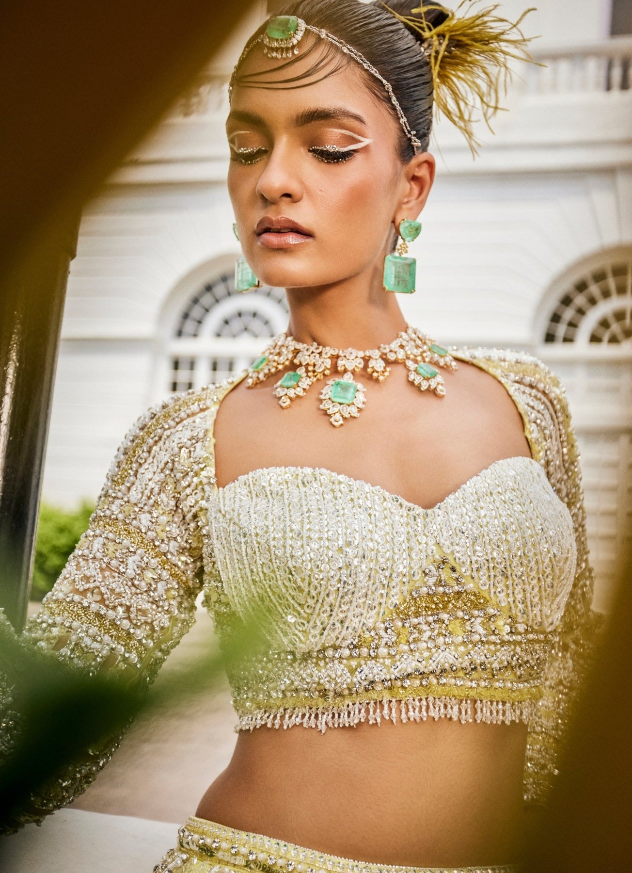 Pastel Yellow Crystal Embroidered Organza Mermaid Lehenga (3-Piece) - Image 3