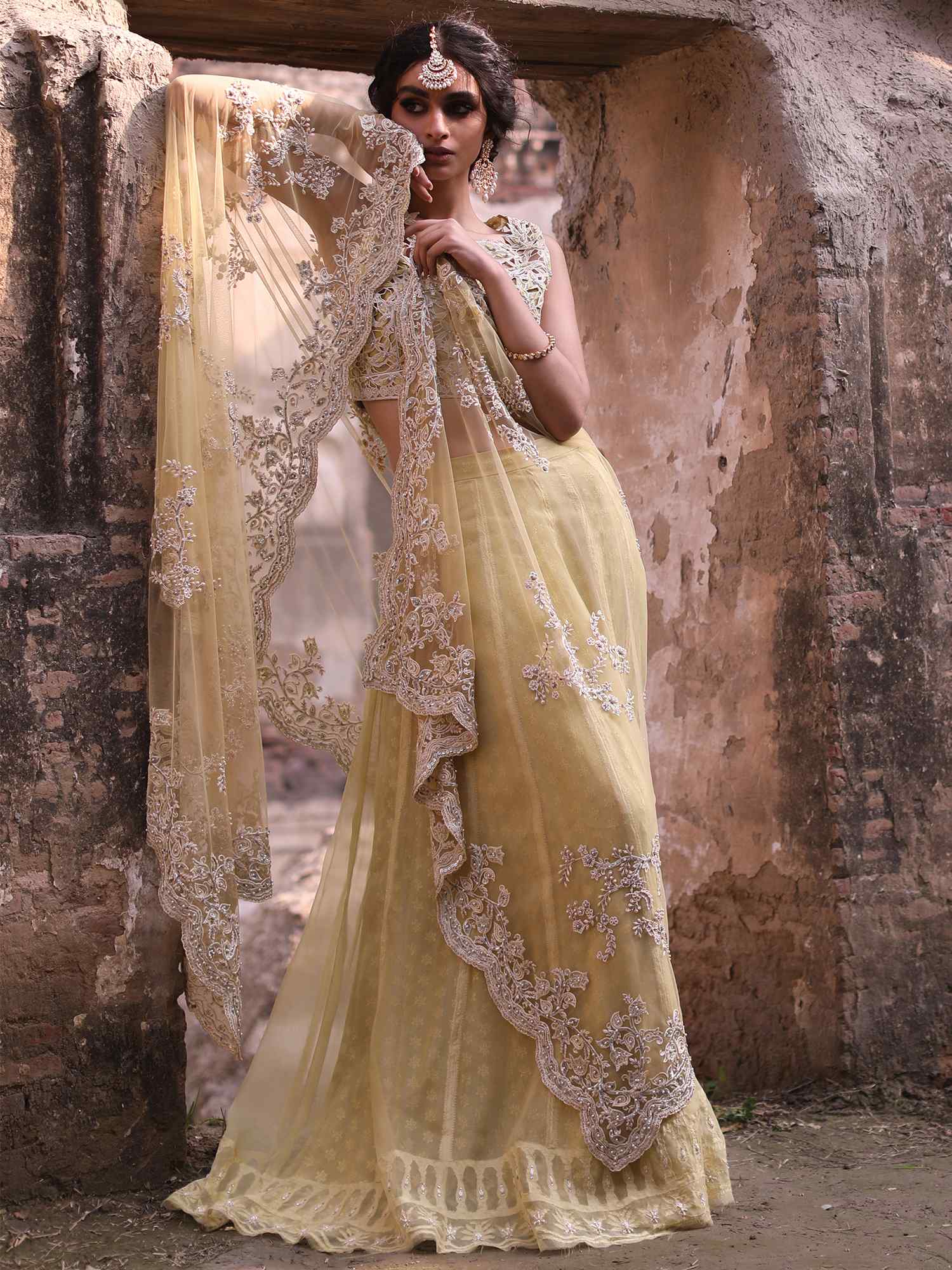Pakistani Yellow Zardozi Organza & Georgette Lehenga (3-Piece) - Image 1